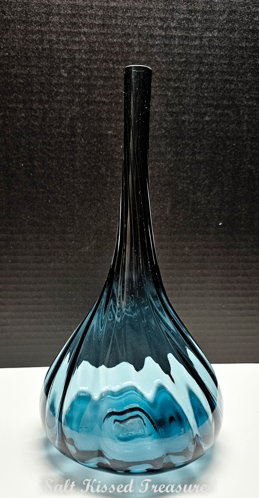 Vintage Murano Style Hand-blown Art Glass Teardrop Blue/Black Vase 12 in-SKT94