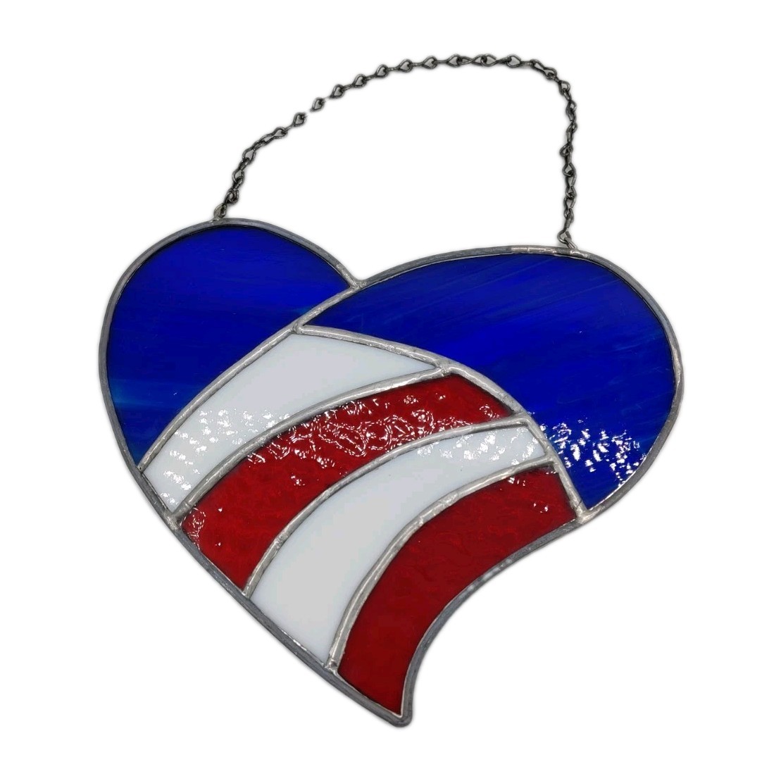 Vintage Heart US Flag Leaded Glass Sun Catcher Wall Hanging Patriotic