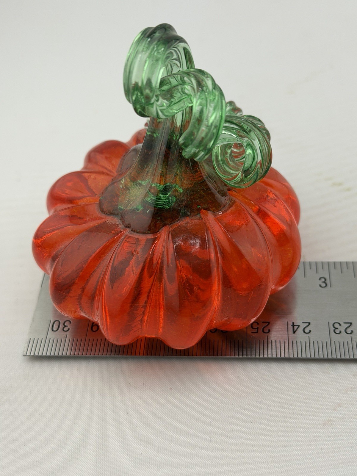 Art Glass Orange Pumpkin With Green Stem.2 3/4 Wide. Approximately 3 Inches Tall