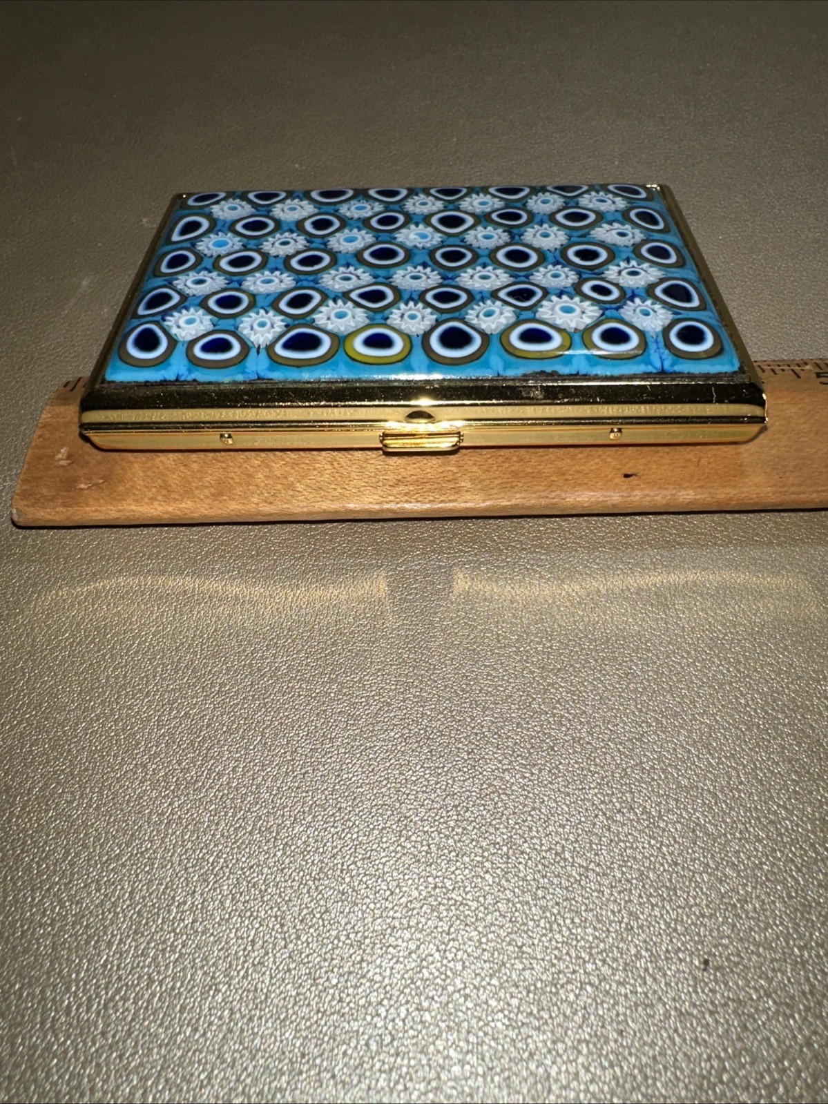 Vintage Murano Millefiori Glass Business Card Case Holder Italy Gold Tone c2000