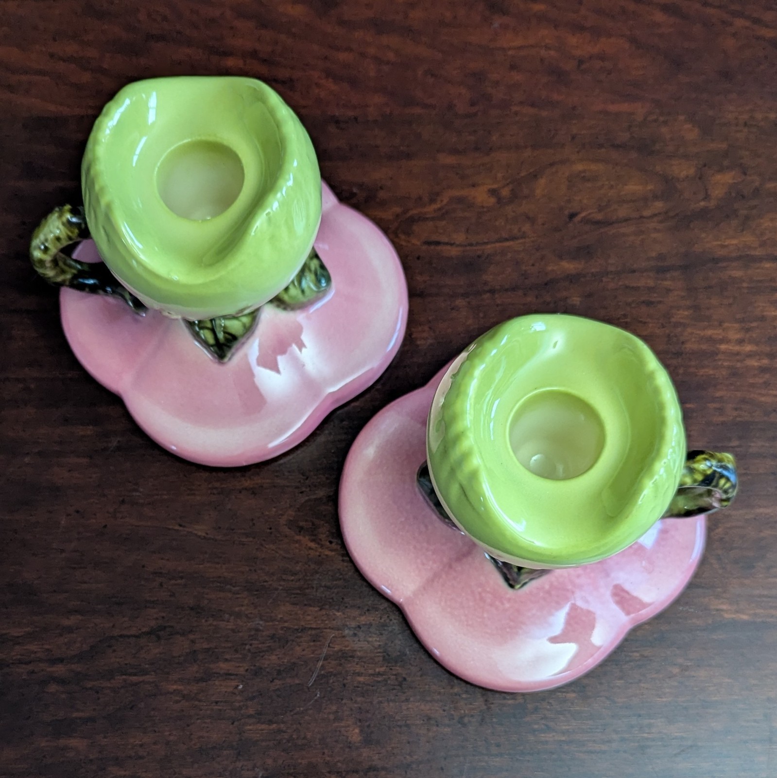 Vintage 1950s Hull Pottery Woodland Peach Green W30 Candlestick Holders MCM