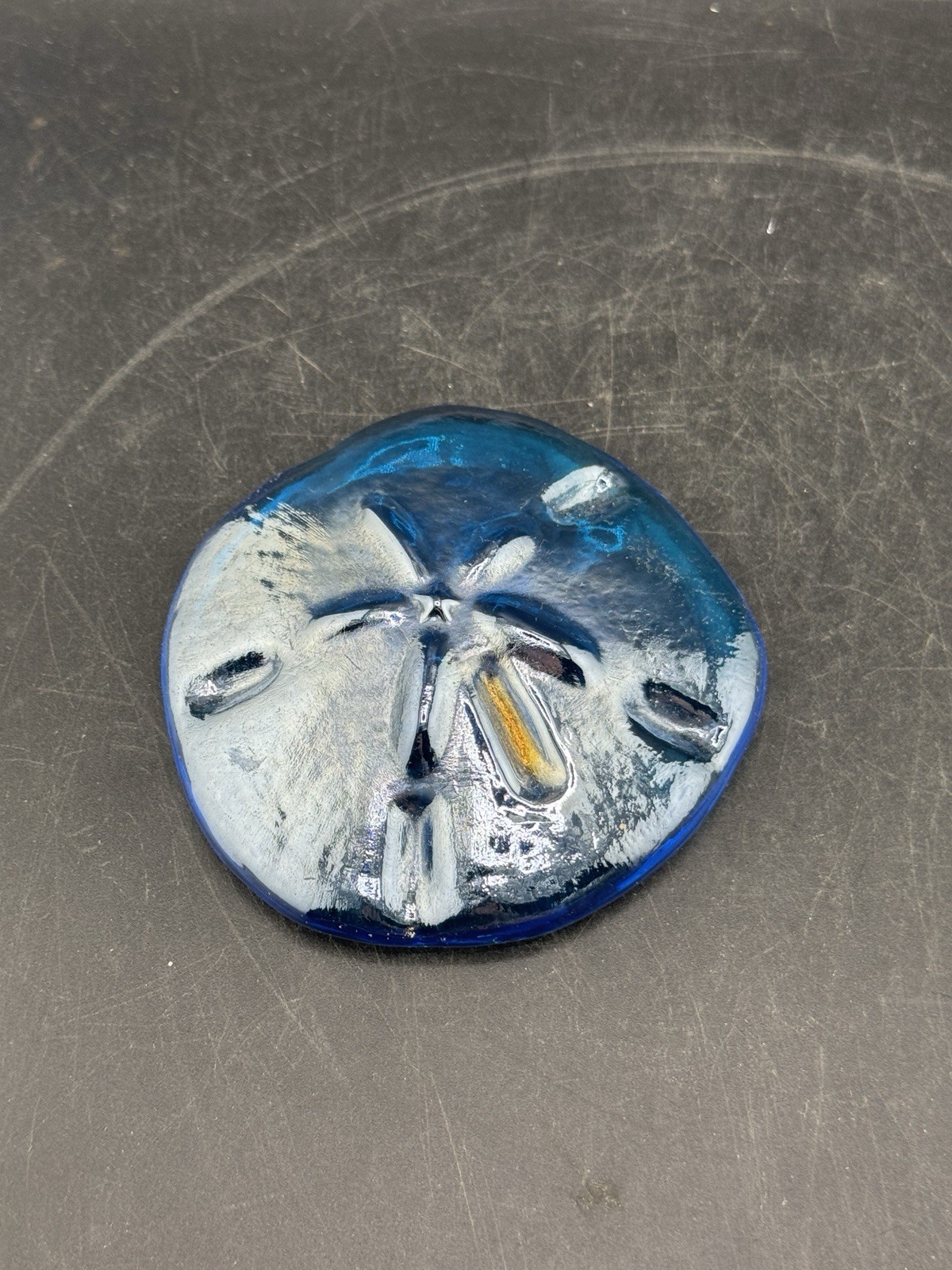 Vintage Iridescent Blue Glass “Sand Dollar” Paperweight