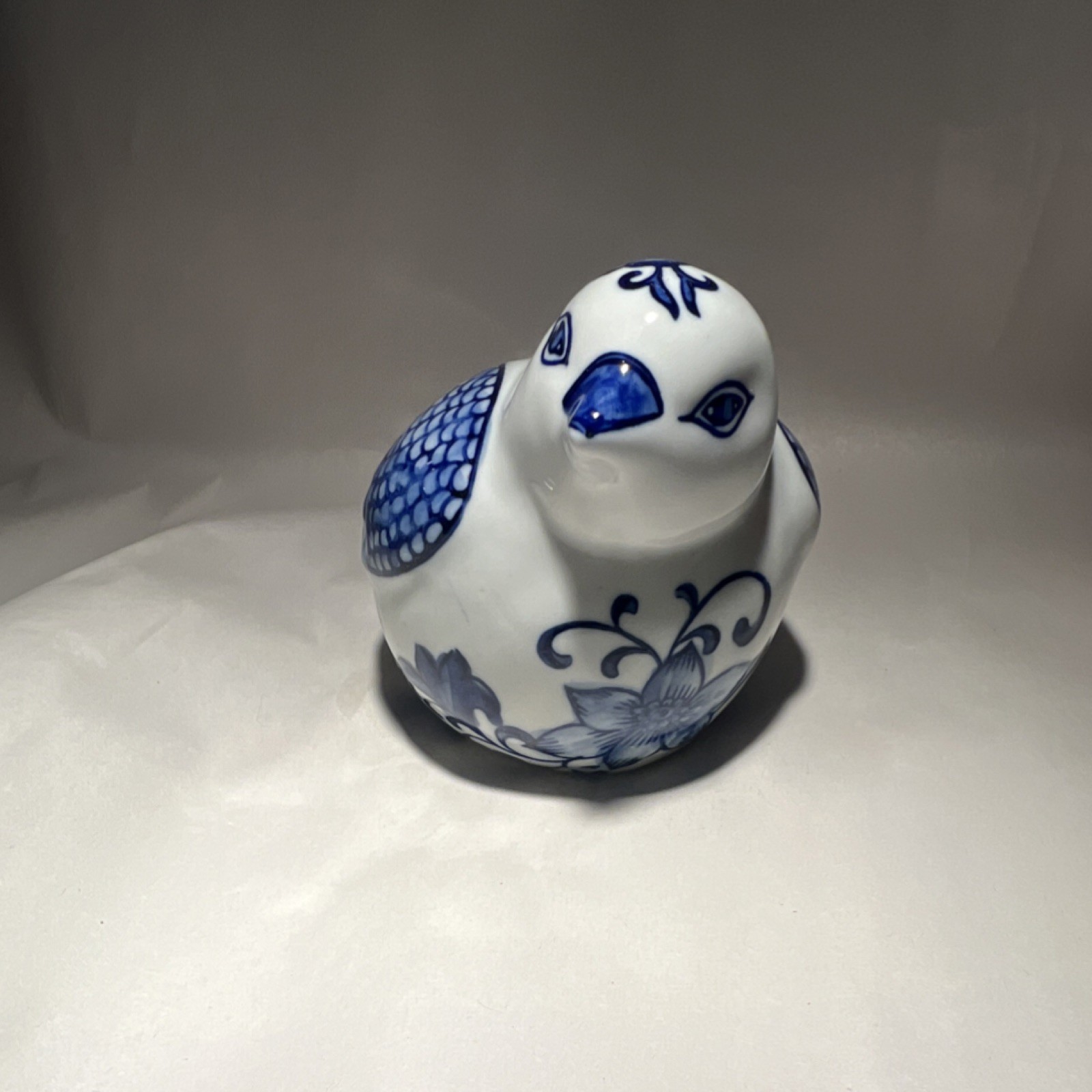 Blue White Ceramic Bird Figurine Floral Pattern Glossy Decorative Pottery
