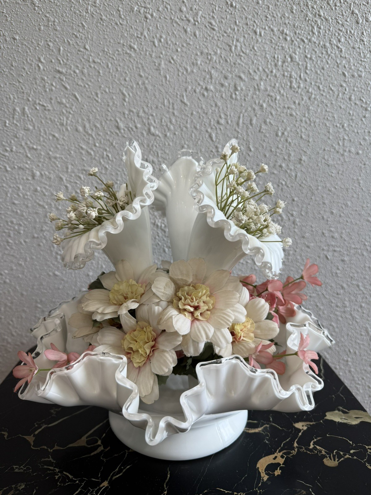 Fenton Silver Crest Milk Glass 3 Horn Epergne Vase White Silver 10″