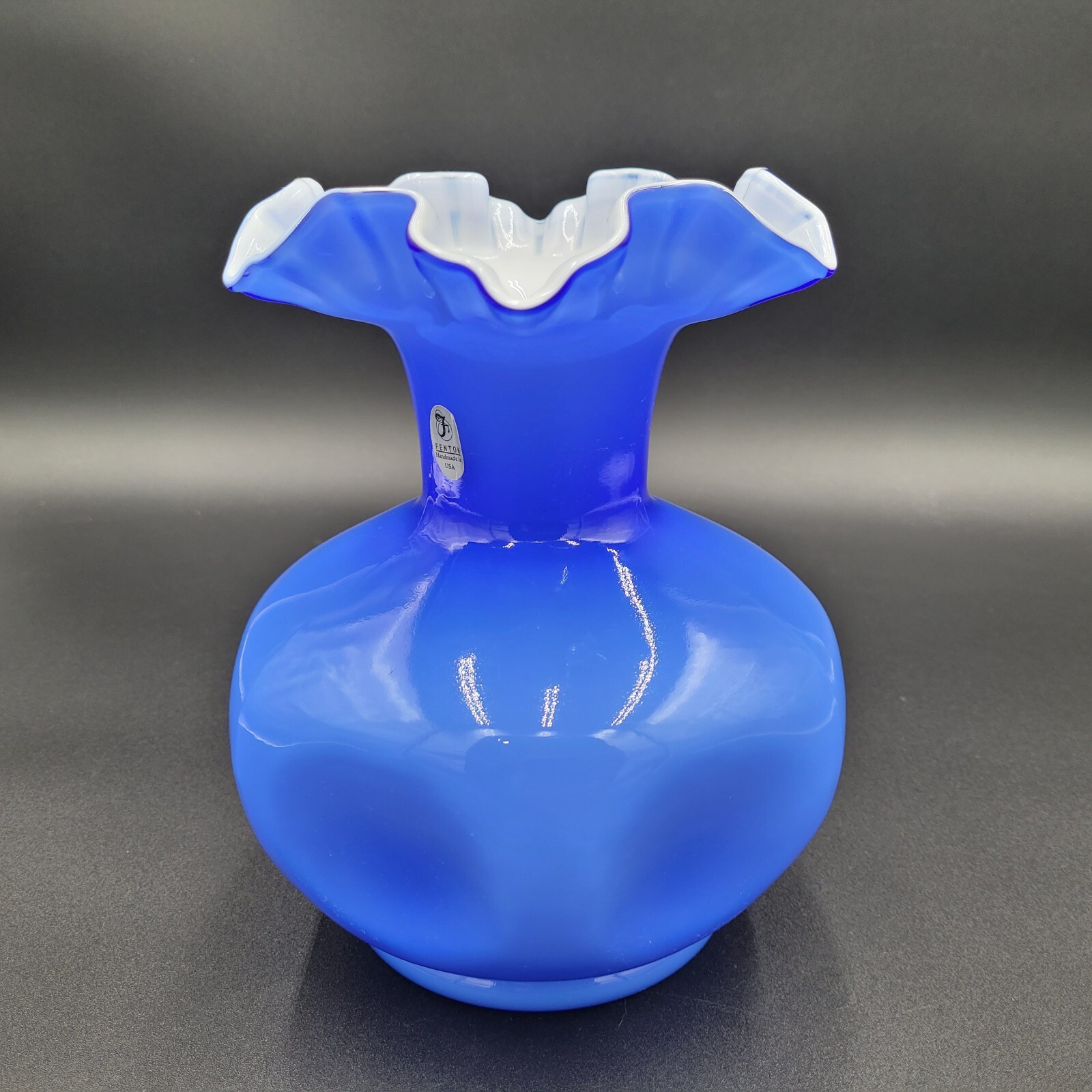 Fenton Canaan Valley Vase Milk Glass with Cobalt Casing Ruffled Crimped Stamped
