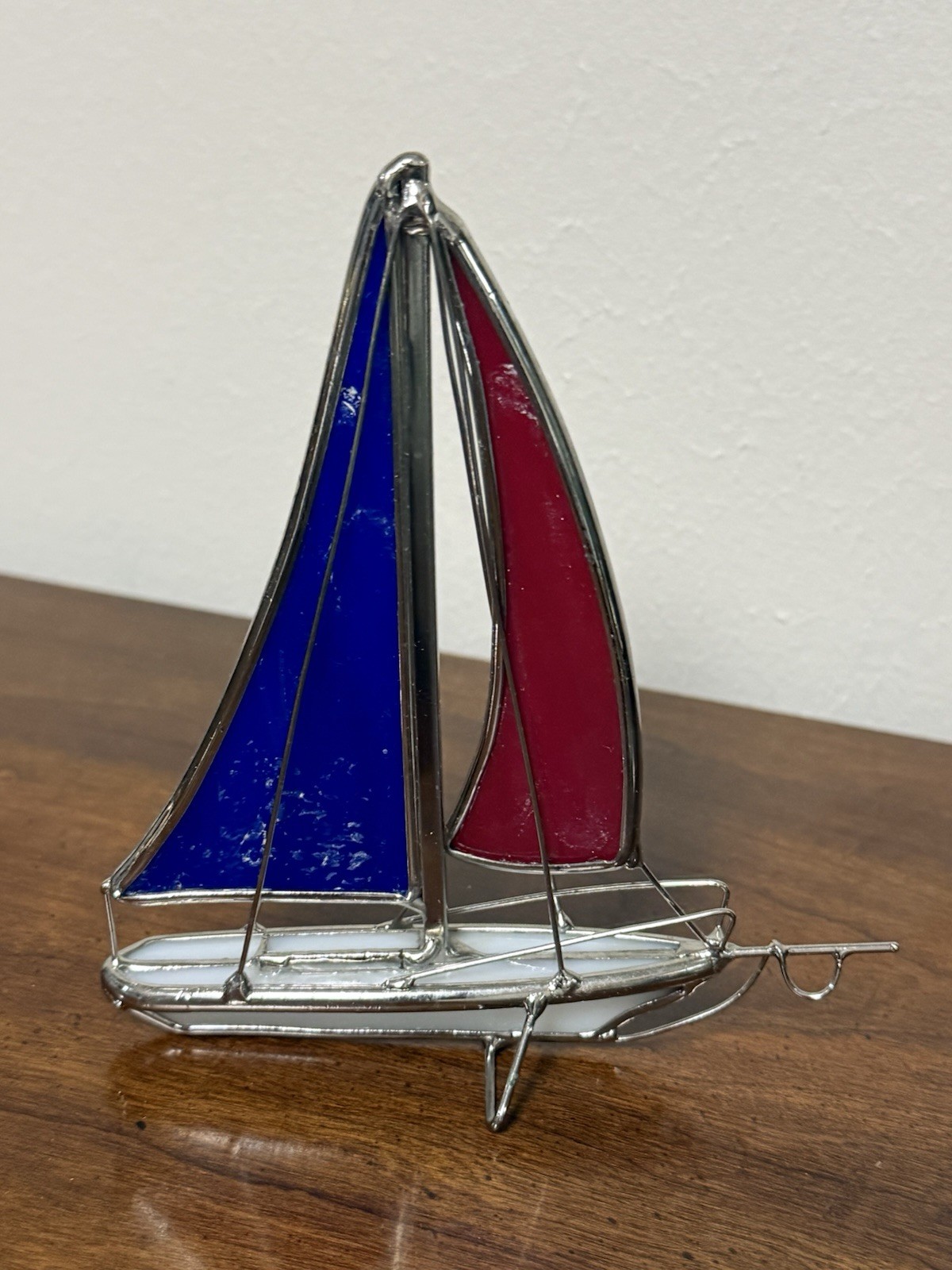 Stained Glass Sailboat Red, White, Blue 6” Standing Sailboat Figure Vintage