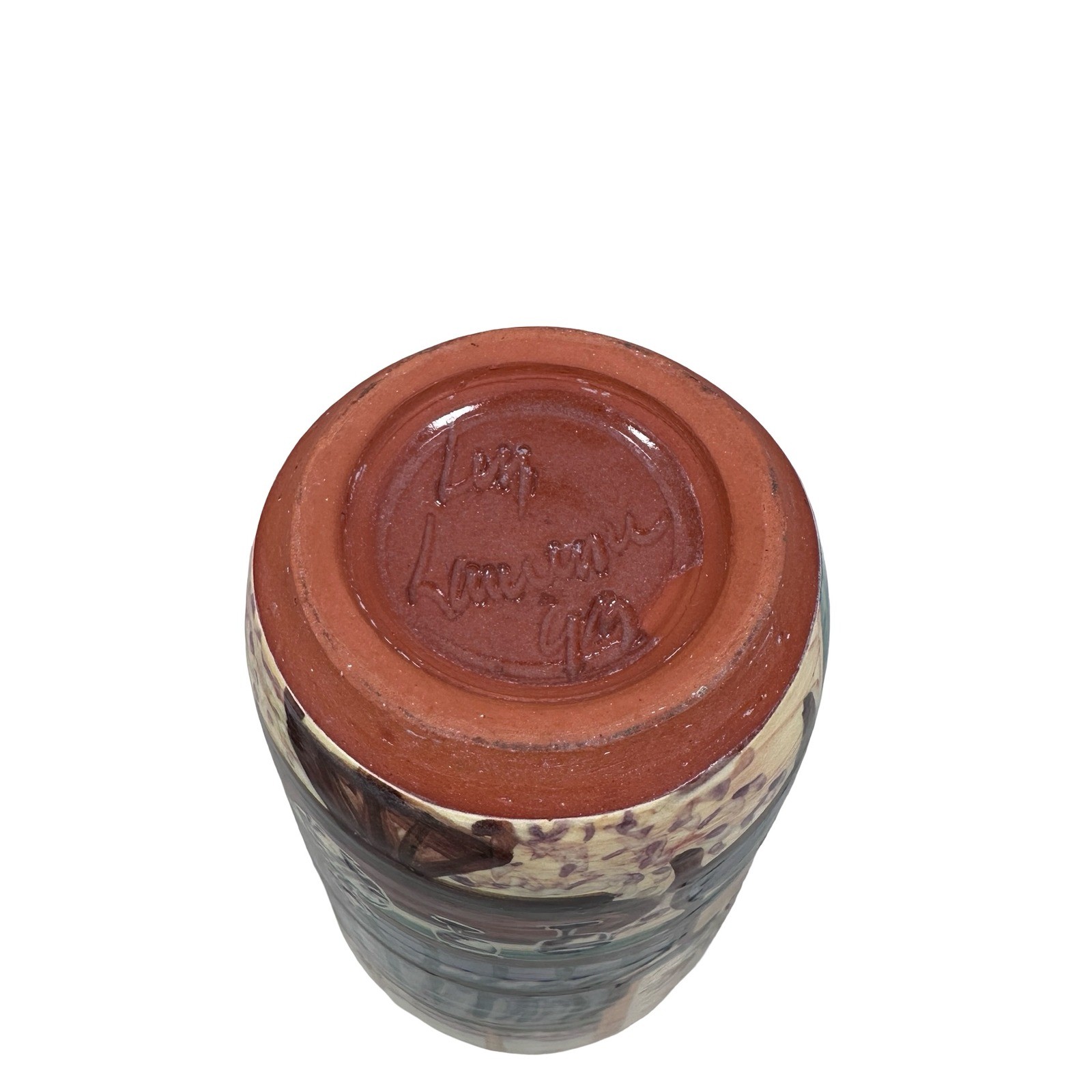 Liz Lawrence Redware Pottery Vase 1992 Hand Painted Scenic Interior Landscape