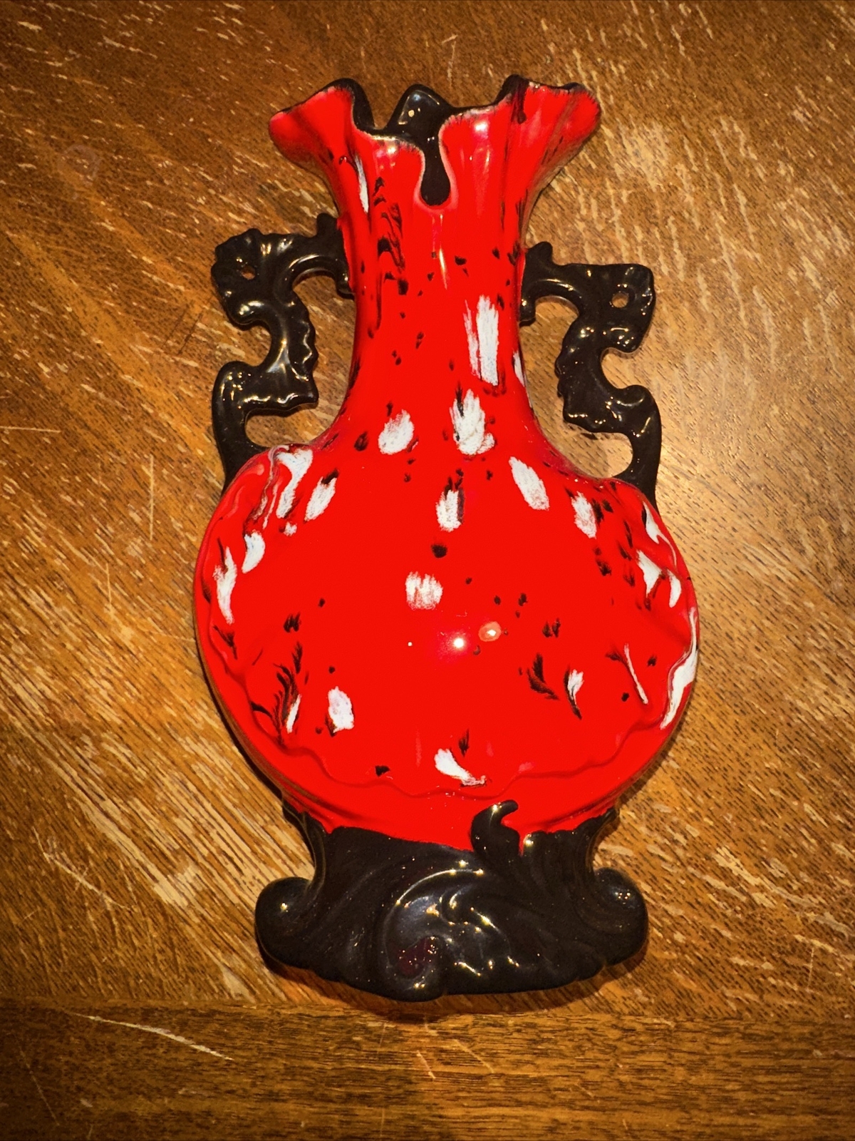 Handled Flower Vase Red And Black 9” Tall. Check Description