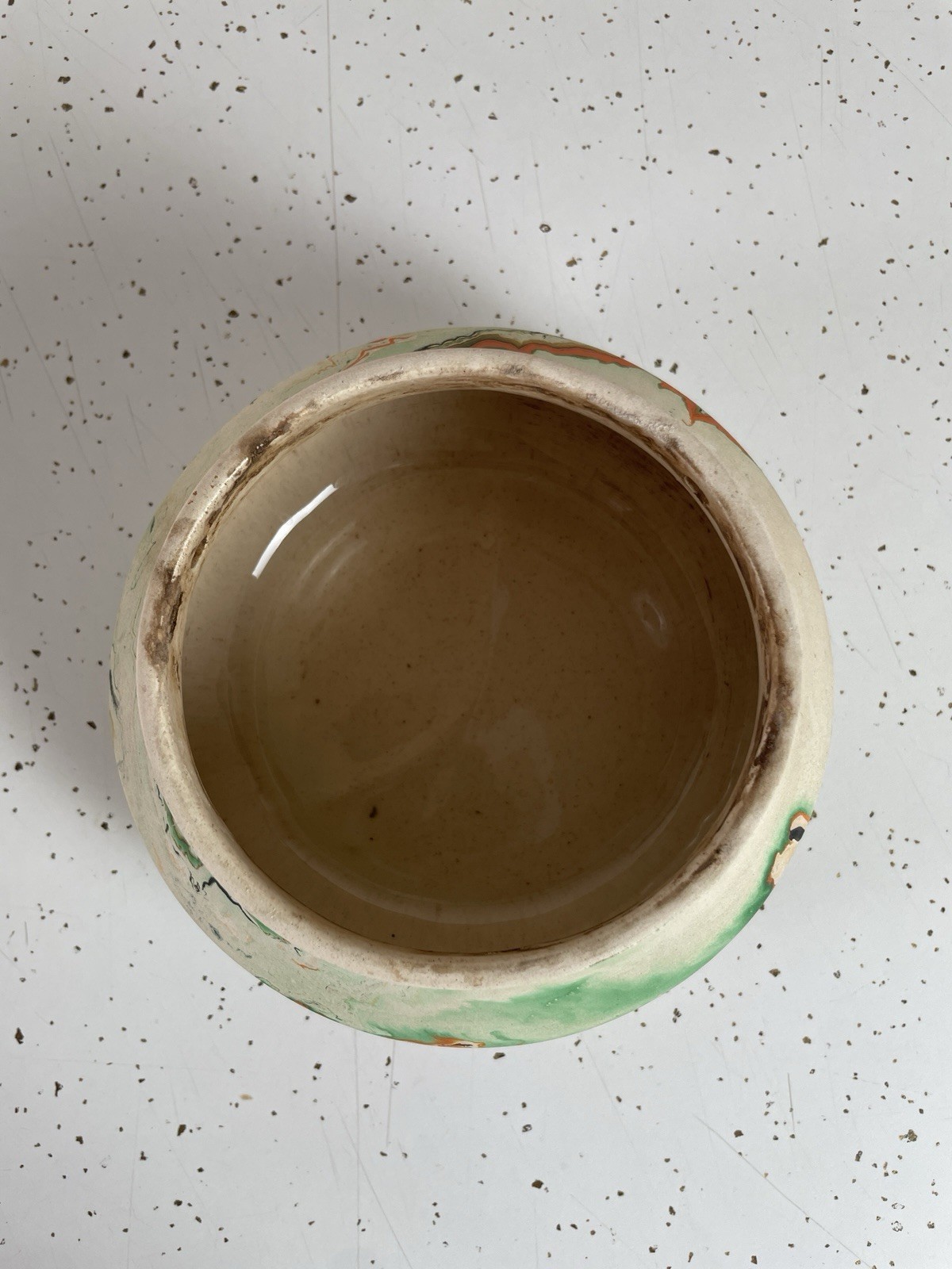 Vintage Nemadji Pottery USA Hanging Planter Pot wit Chain Swirled Orange Green