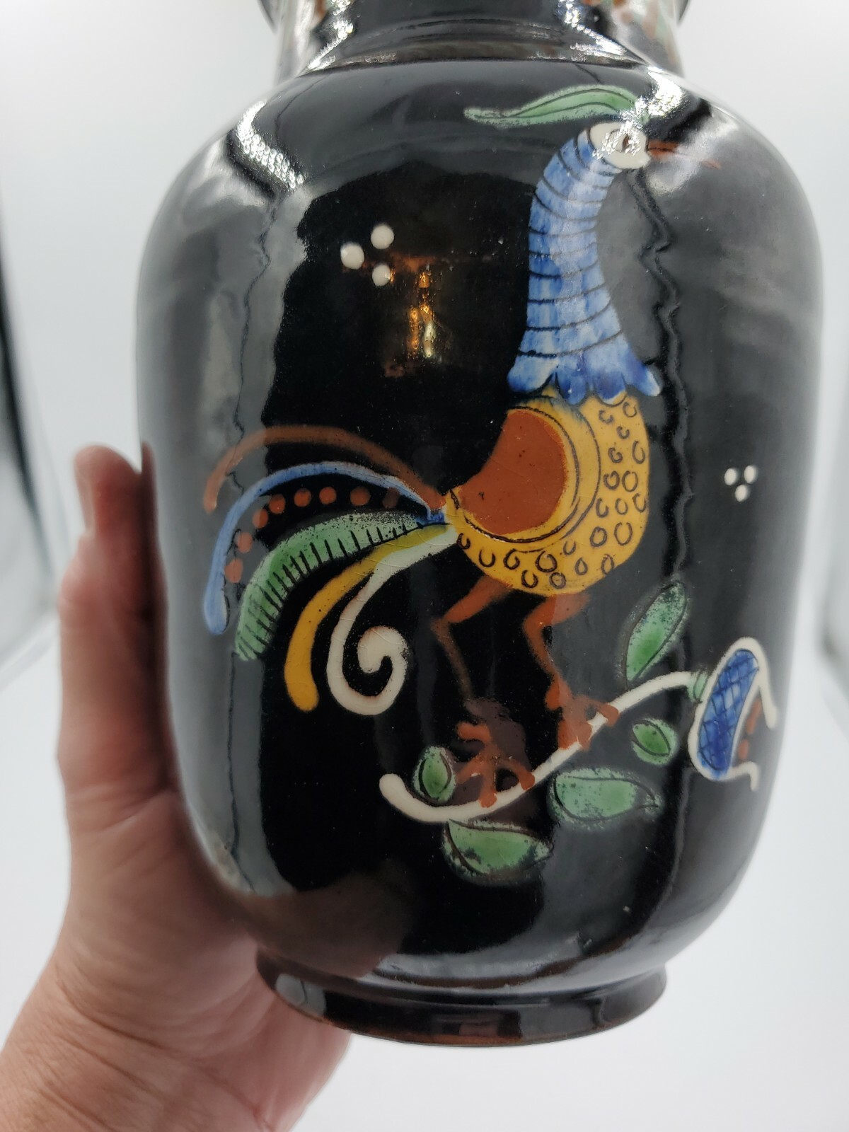 VTG Vase Glazed Redware Pottery Folk Art Rooster Handmade Painted in Switzerland