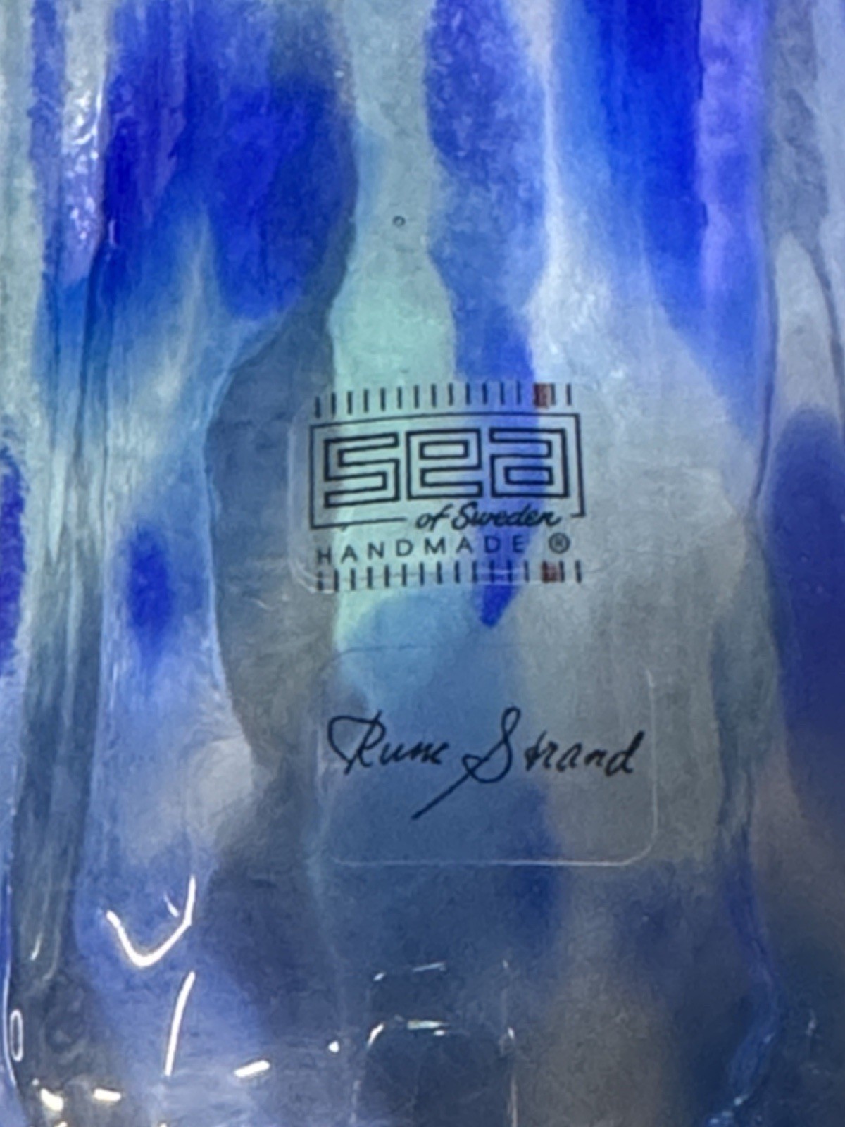 SEA of Sweden Rune Strand Handblown Blue and Green Speckled Glass Vase 6.25”