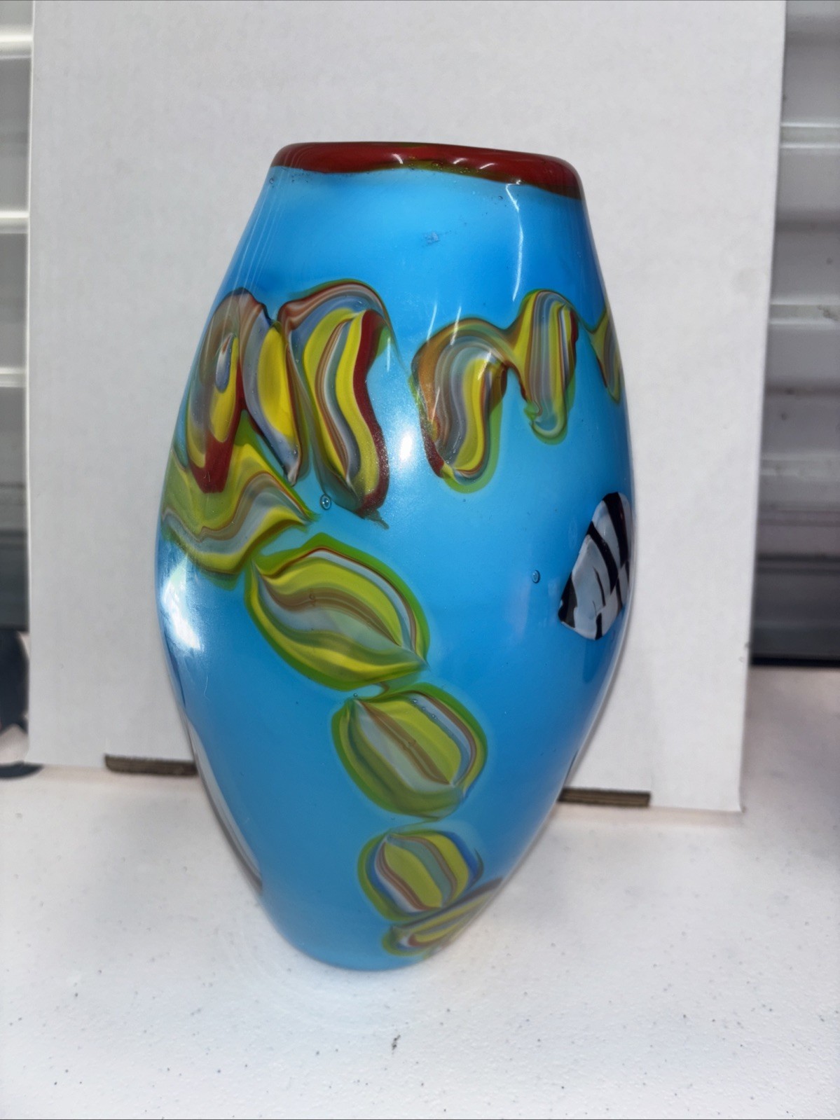 Lovely Murano Style Hand Blown Art Glass Oval Vase Blue Green Abstract 10 3/4”