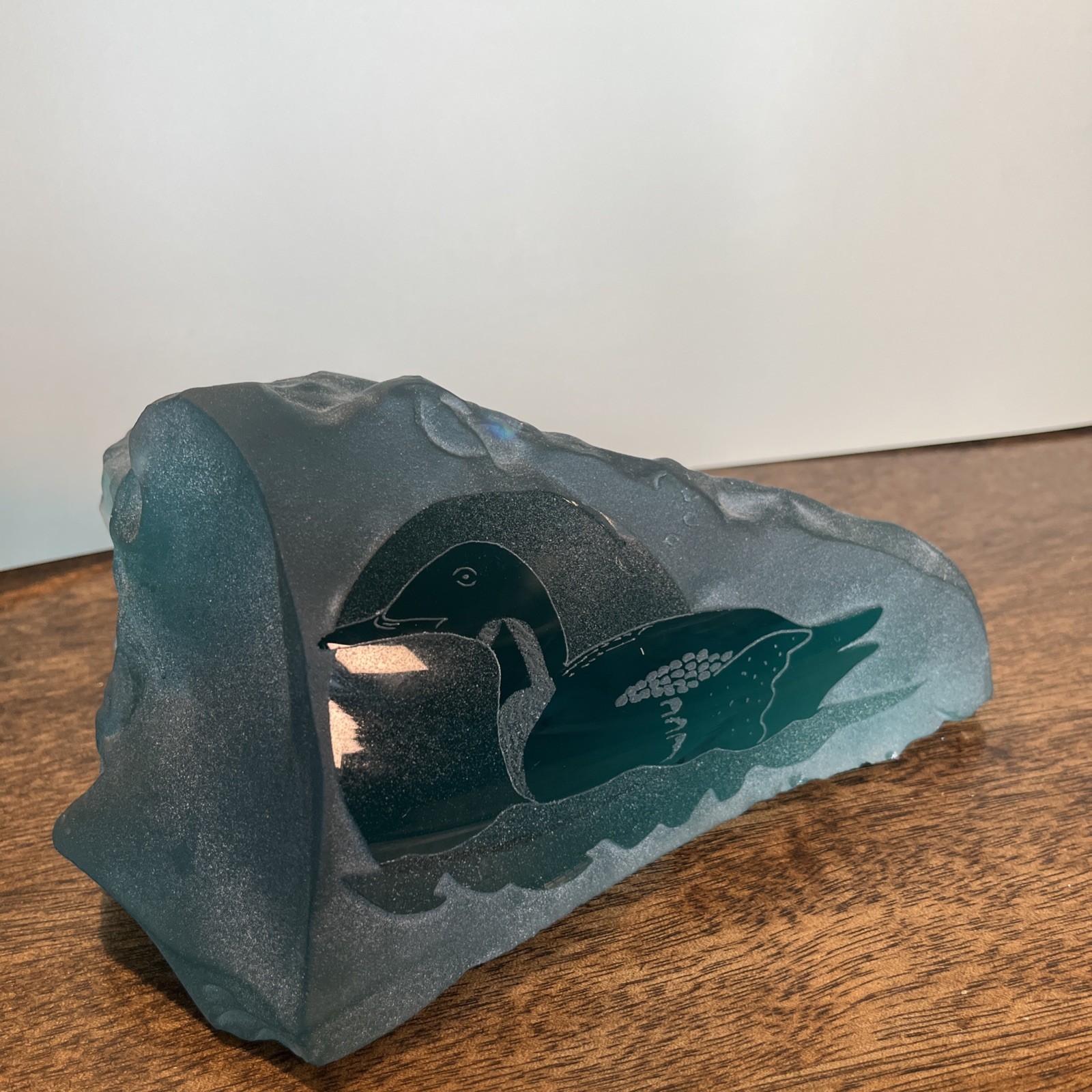 Green Art Glass Loon Sculpture Iceberg Paperweight Etched Wildlife Cabin Decor