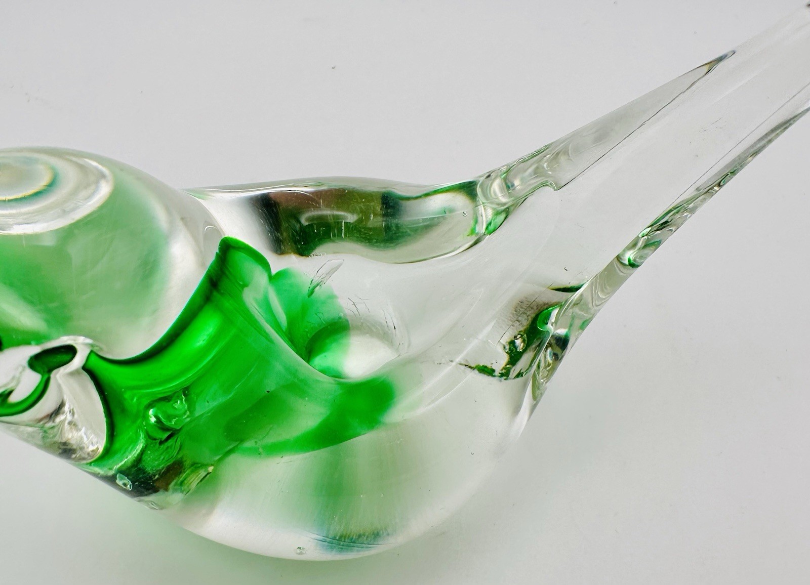 Vintage Art Glass Bird Hand Blown Green Clear Taper Candle Stick Holder