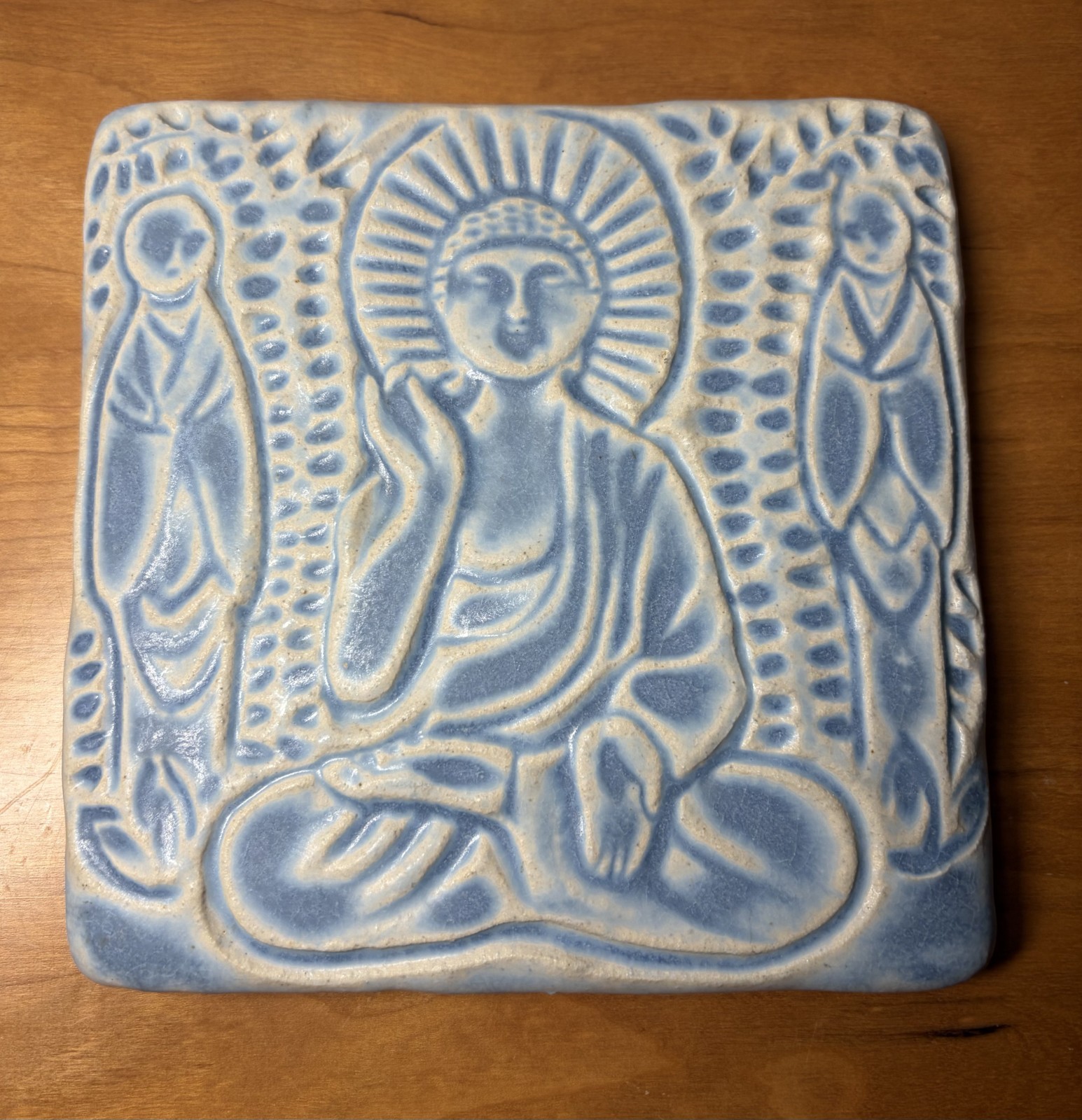 Vintage Pewabic Pottery Buddha Tile Light Blue 5.75″ Detroit 1996