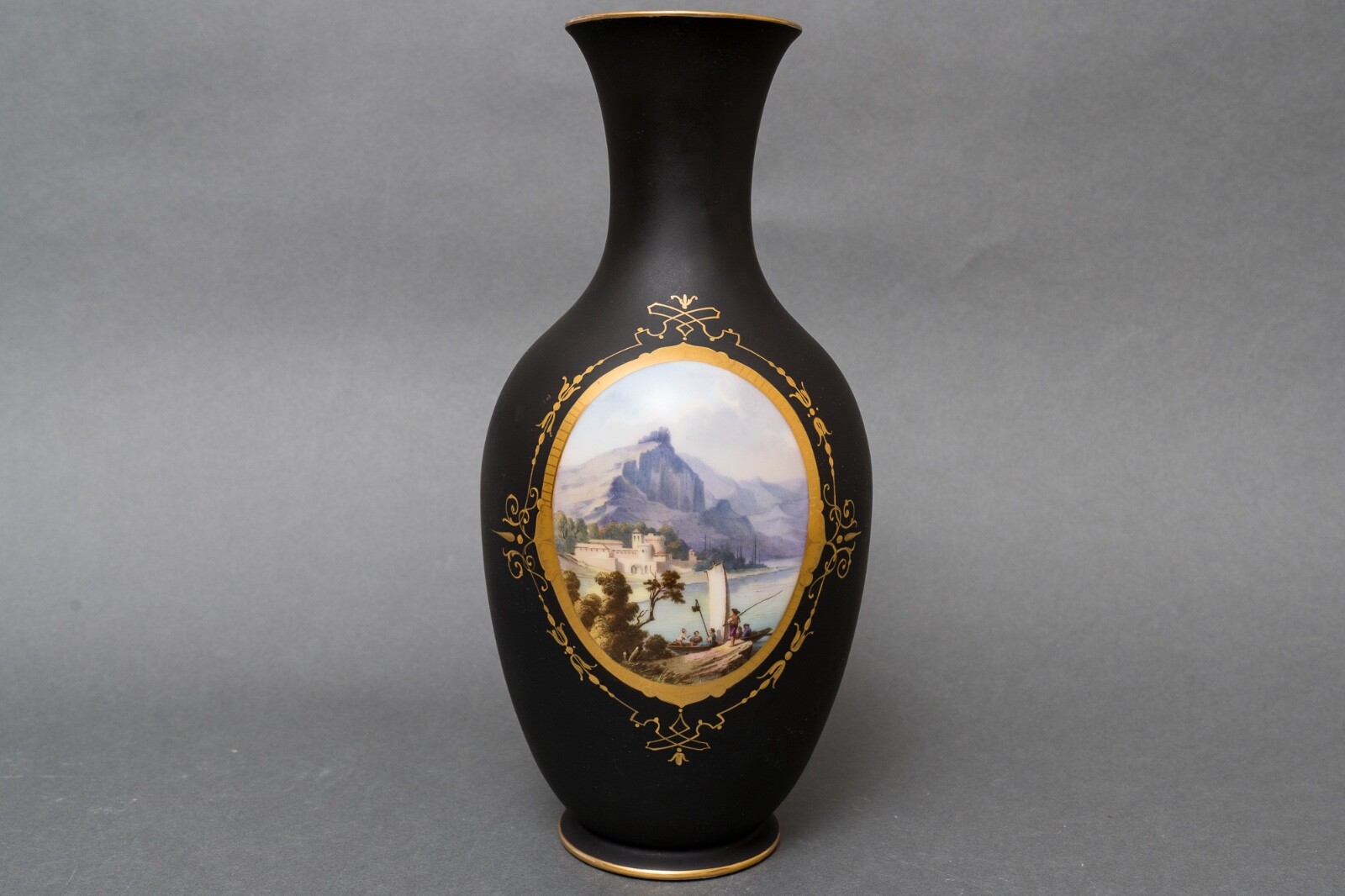 Antique Black ebony vase hand-painted porcelain. Classic motifs gold decoration
