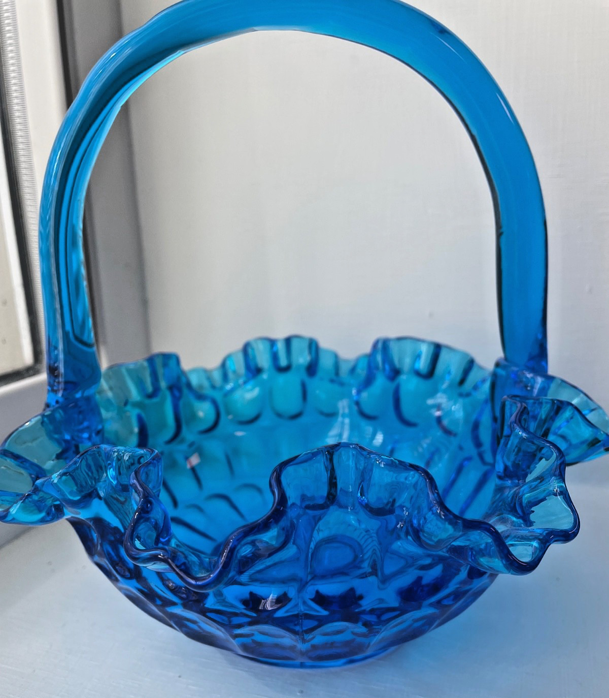 Vintage Fenton cobalt Blue Glass Thumbprint Ruffle Edge Basket candy dish signed