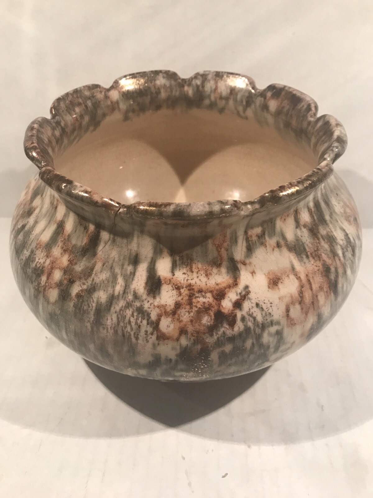 Planter Vase Pottery Art Unique Multicolored scalloped Top Marbled Design READ