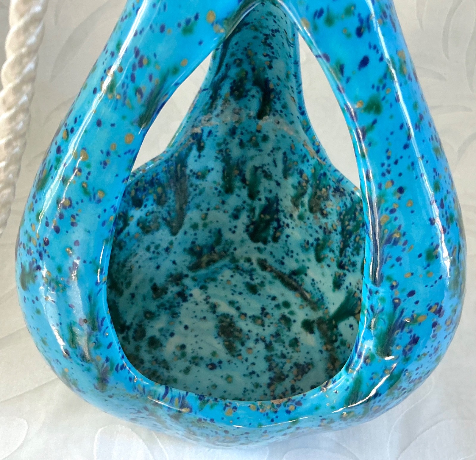 Vtg Mid Century Modern Hanging Planter Aqua Blue Ceramic Handmade Teardrop