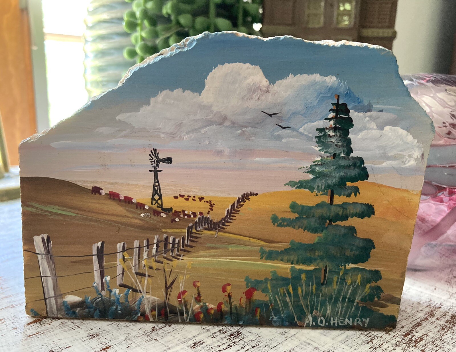 Hand Painted Pink Marble Stone Paperweight Landscape Farm Ranch Scene Signed