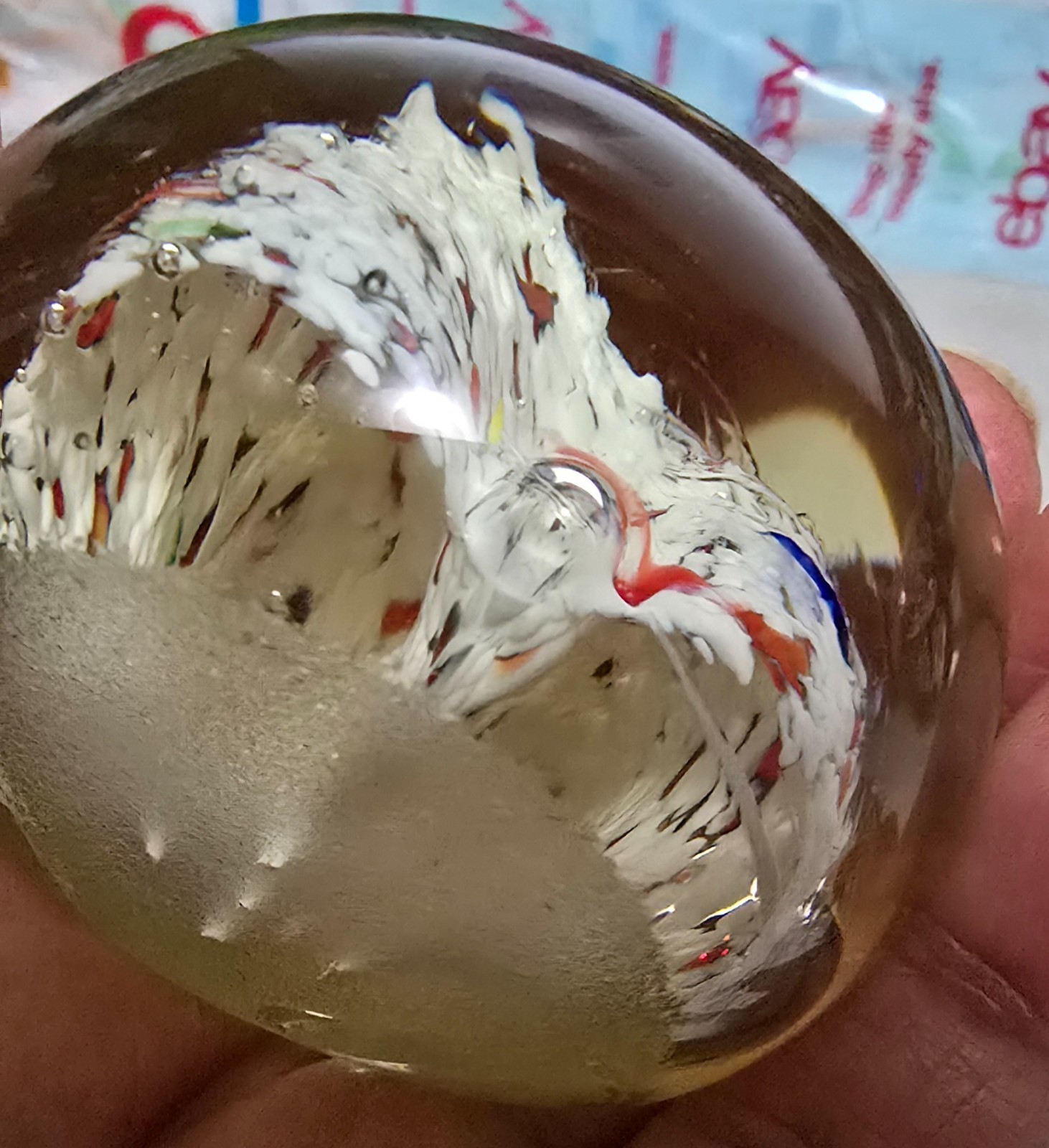 1 7/8 tall X 2 3/8 wide 7.9oz blown glass paperweight bubbles confetti trees MCM
