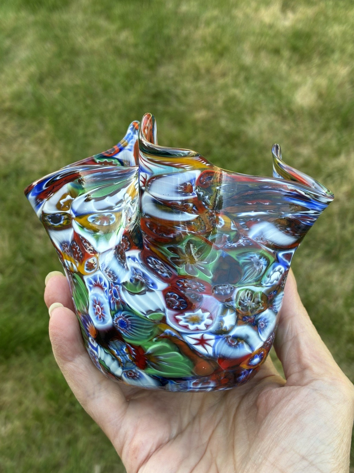 Murano Venice Italy Hand Blown Glass Millefiori Handkerchief Vase Multicolor 4”