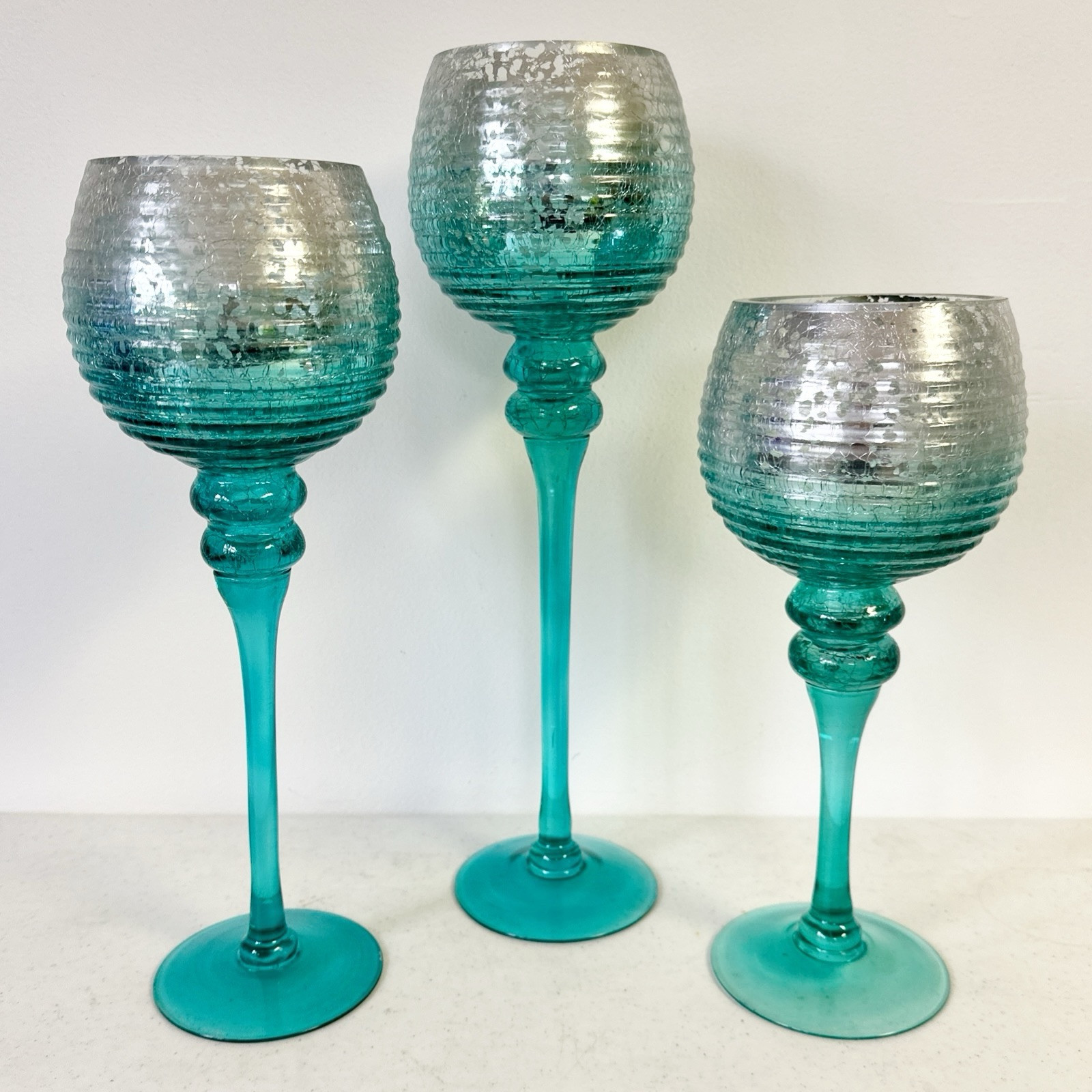 Lot Of 3 Long Stemmed Glass Candle Holders Turquoise Teal & Silver Crackle Glass