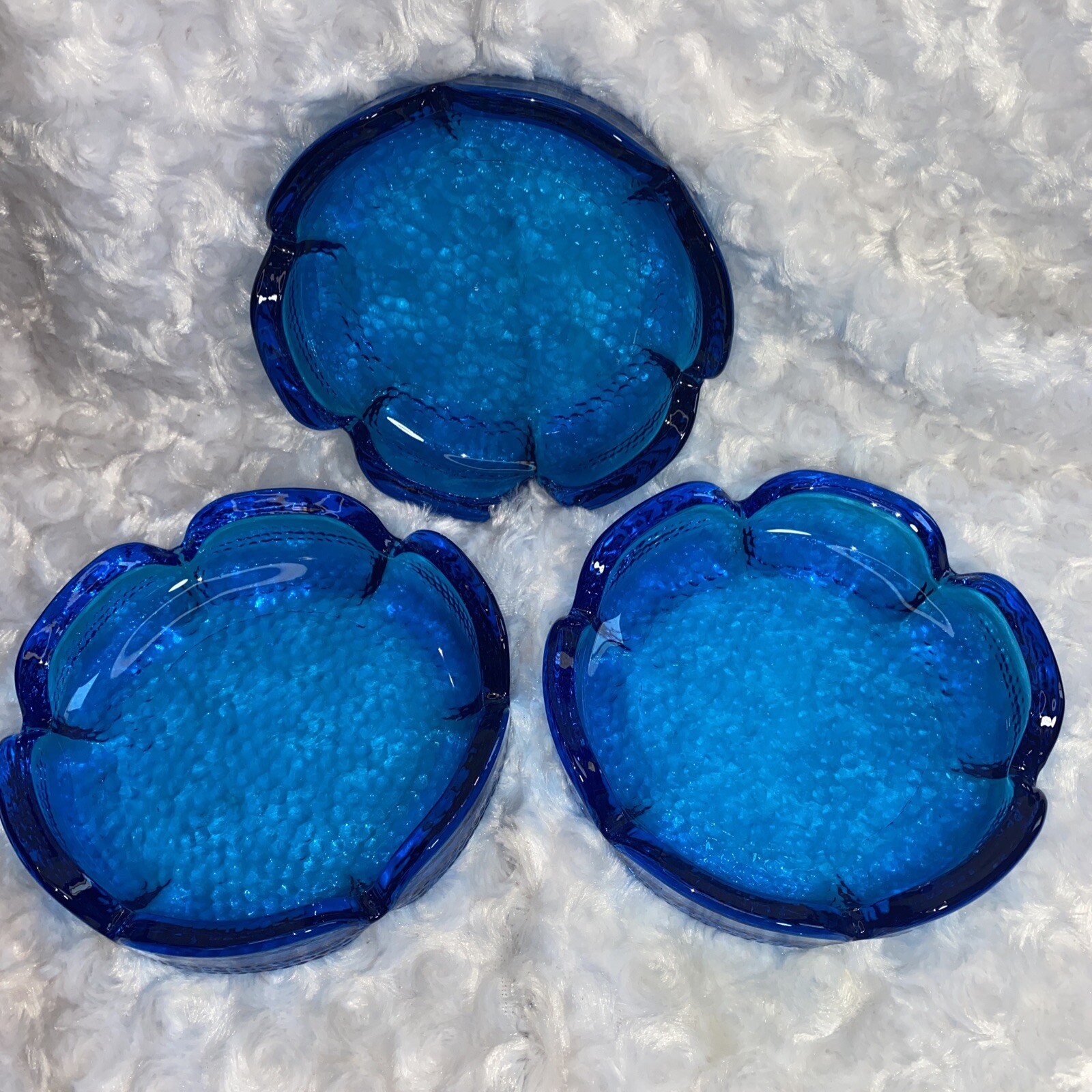 Vintage Ashtrays Anchor Hocking Glass Cobalt Blue Lotus 3 Total 5 3/4 – 5 7/8