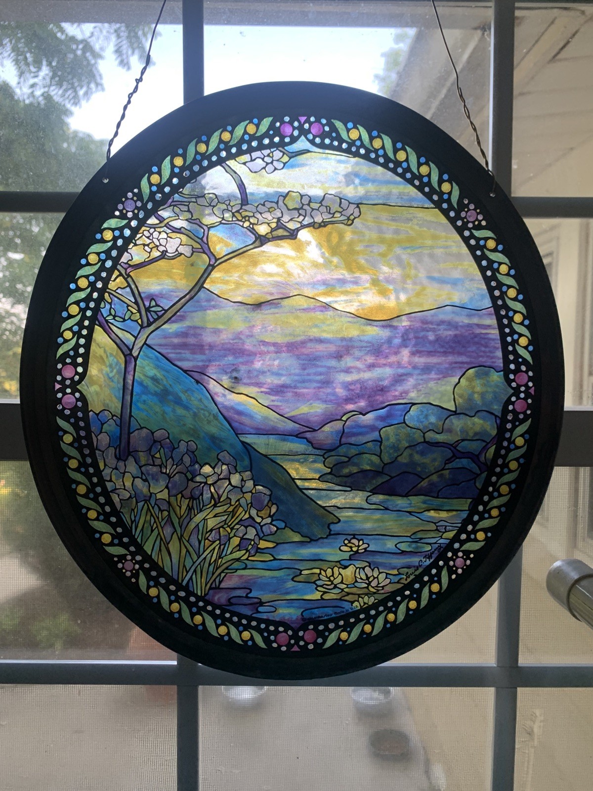 Vintage Stained Glass Landscape Lilies Louis C. Tiffany Oval Shape Glassmasters