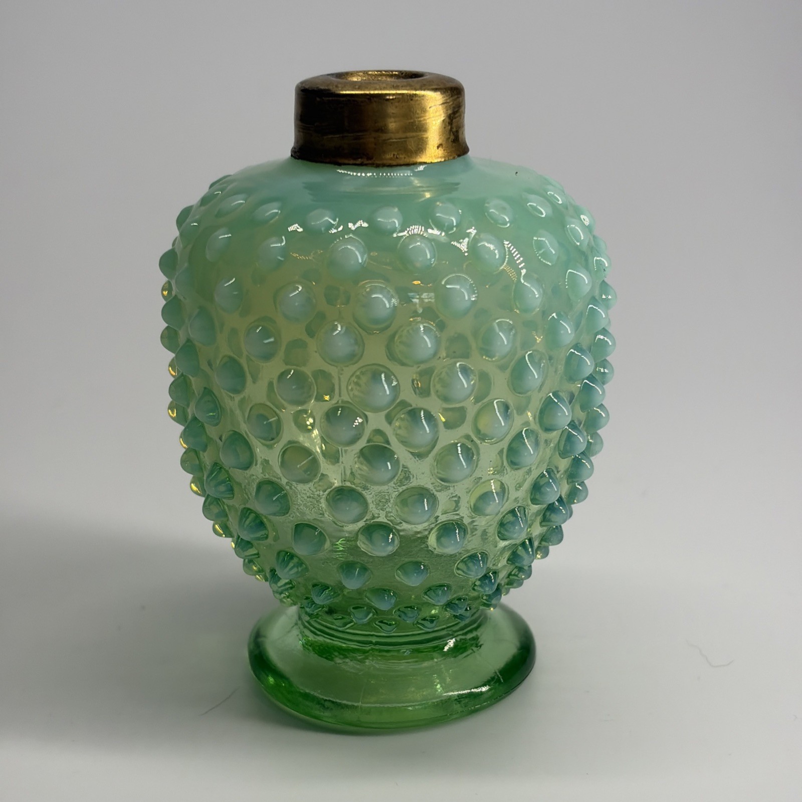 Fenton DeVilbiss Hobnail Perfume Bottle 3.5″ Green Opalescent Uranium Glass Glow