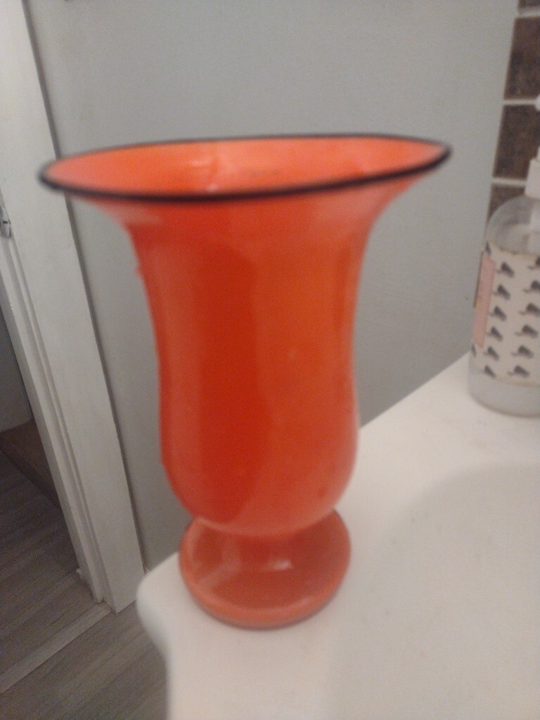 Art Deco Red/Orange Czeck Glass Vase With Black Trim. 7 In.