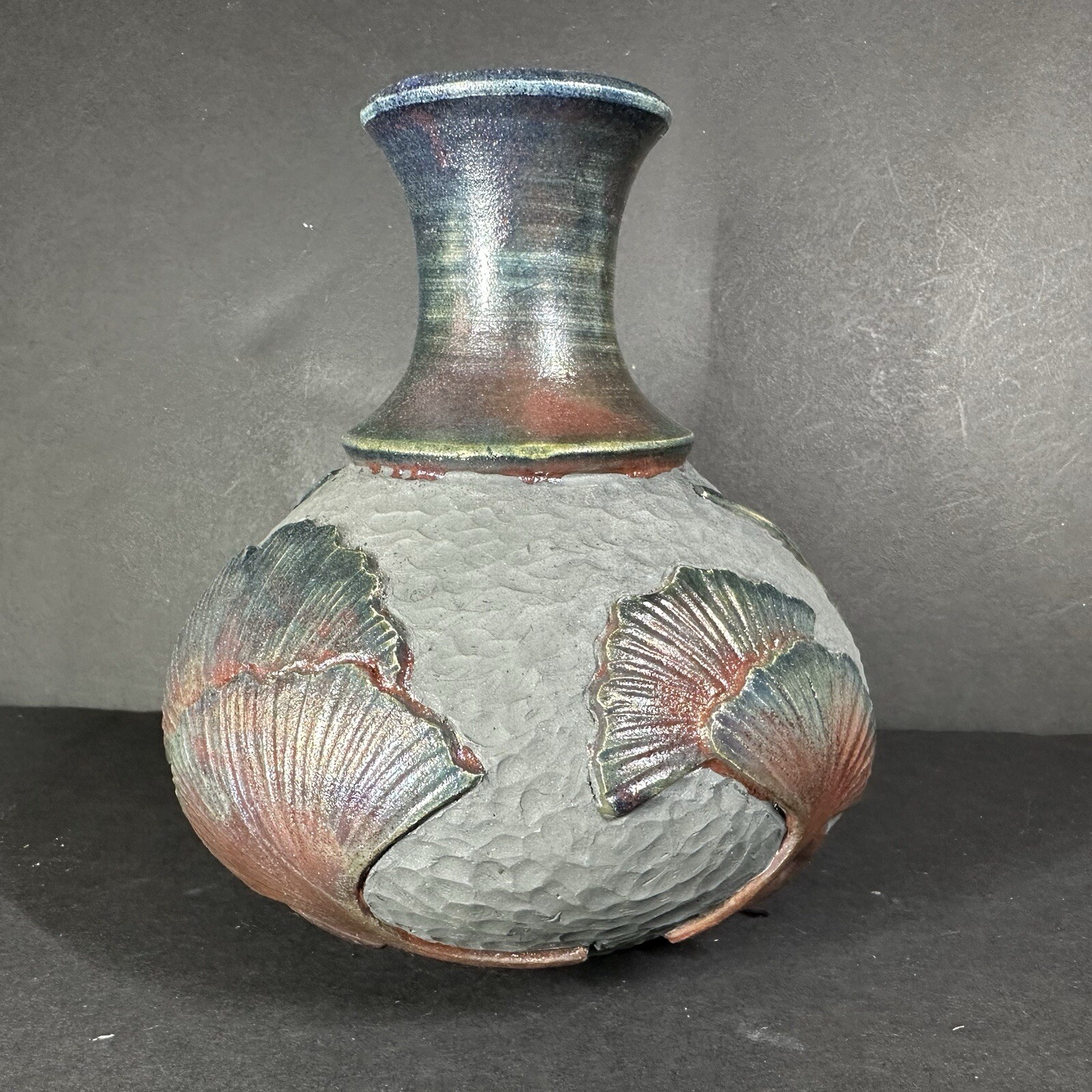 Dancing Ginkos Black Floral Iridescent Pottery Vase By Marguerite Goff