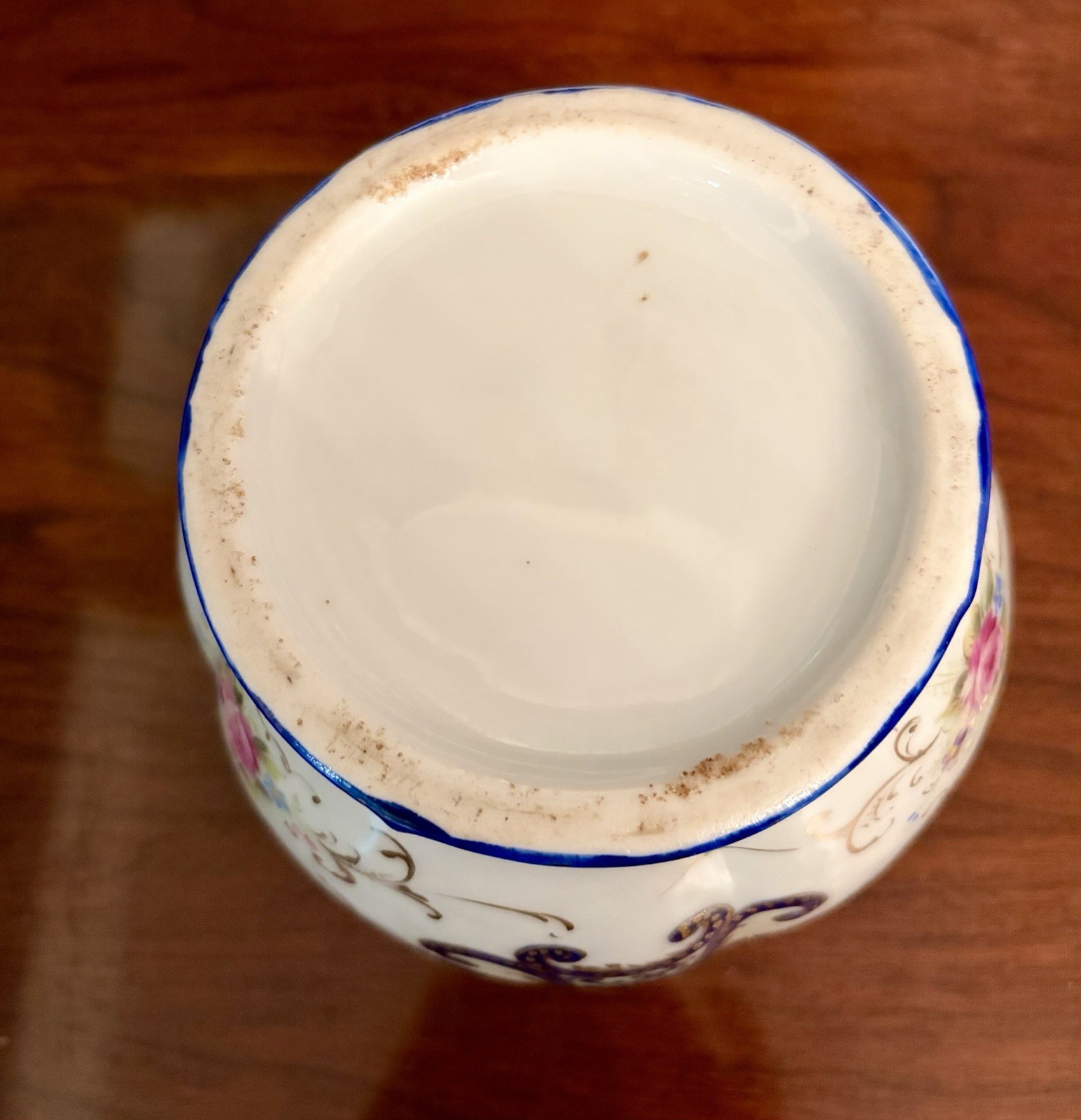 Antique French Hand Painted Porcelain Biscuit Jar w Lid; Blue w flowers & Gold