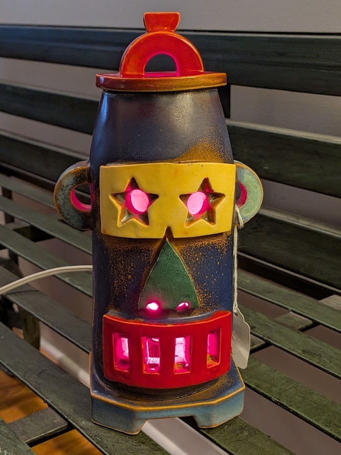 Doug Spalding Art Studio Pottery (Detroit) 10″ Robot Sculpture Night Light Lamp