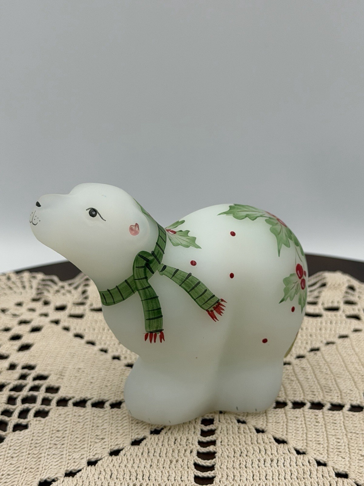 Fenton White Satin Snowflake Hand Painted Polar Bear Special Order M. Yang