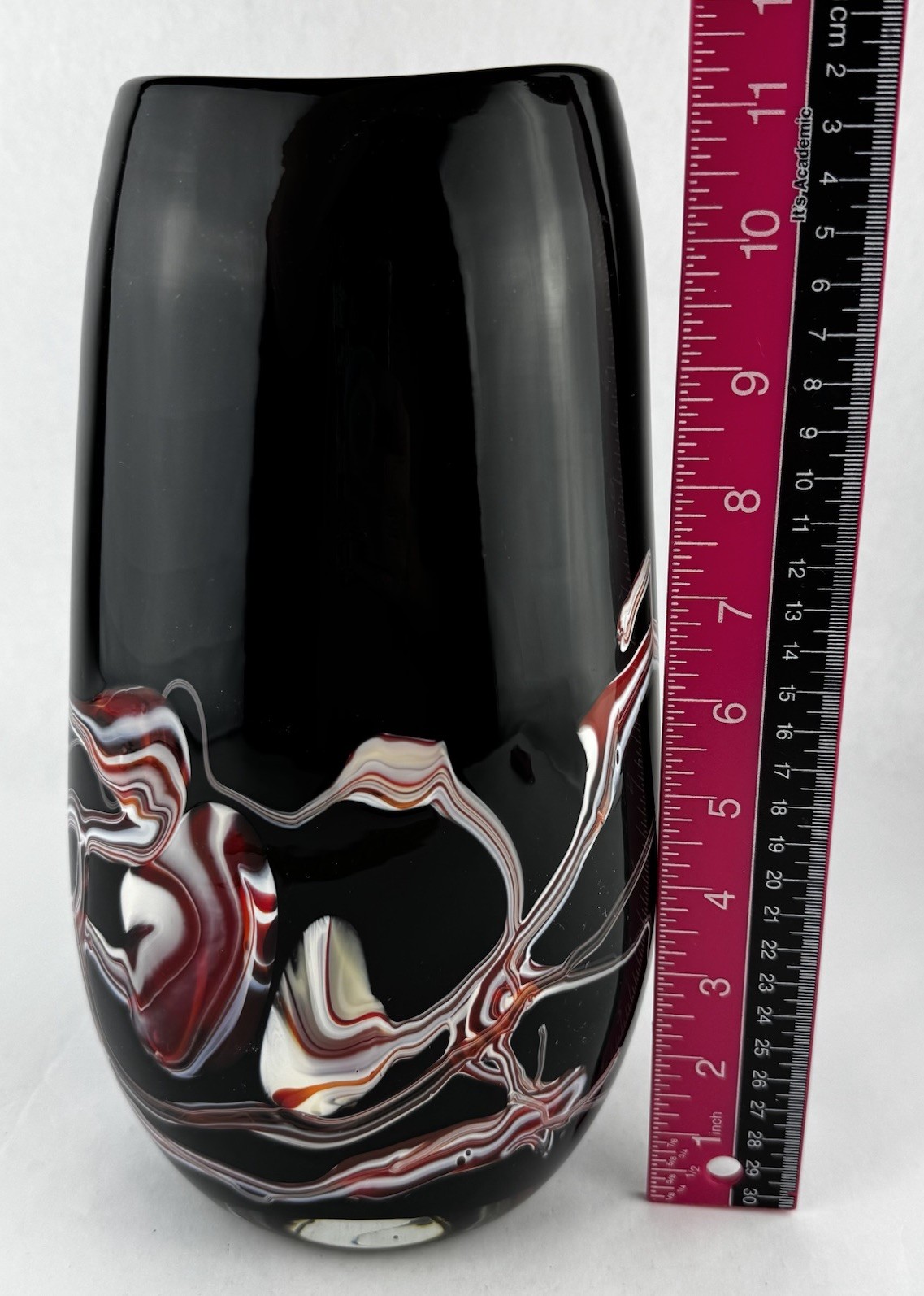 Art Glass Vase Marked Black With Red White Studio Glass Heavy