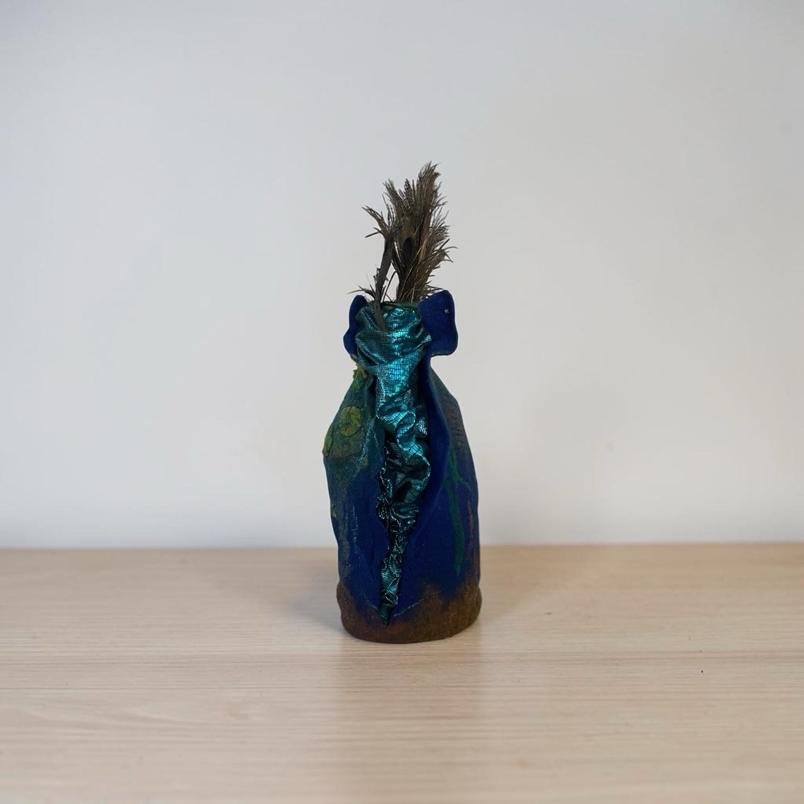 One Of A Kind! Nano felted silk and wool Peacock vessel/vase