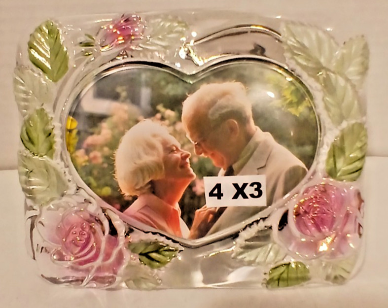 4X3 Heart Wedding Floral Pink Rose Green Crystal Picture Photo Frame Tabletop
