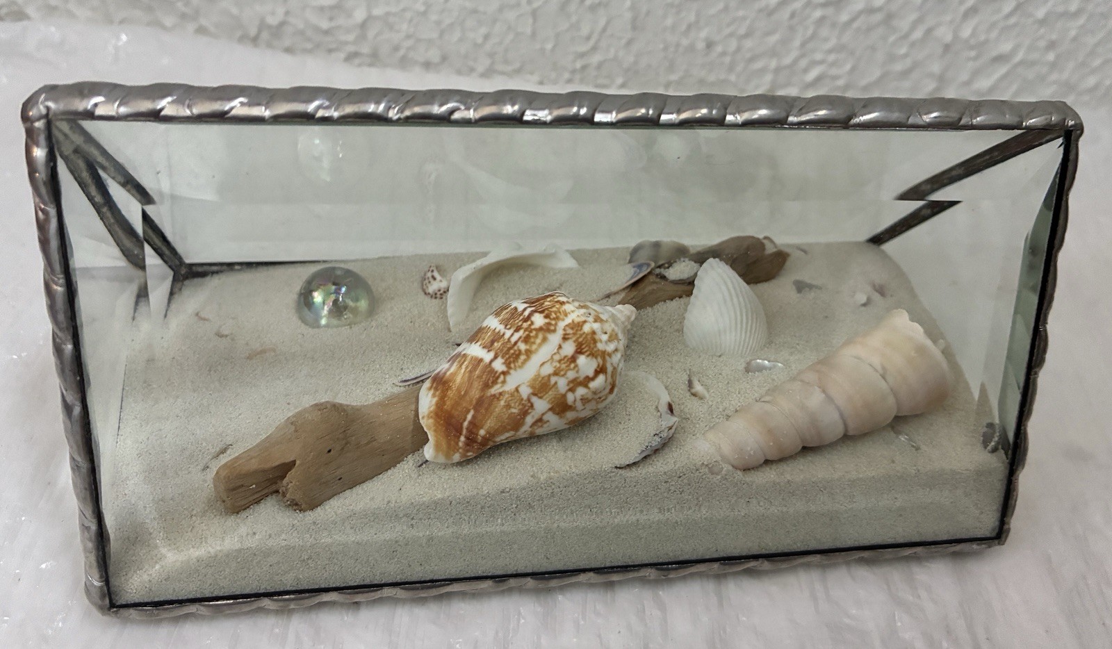 Beveled Glass Sand & Seashell Beach Decor Triangle Paperweight 6”