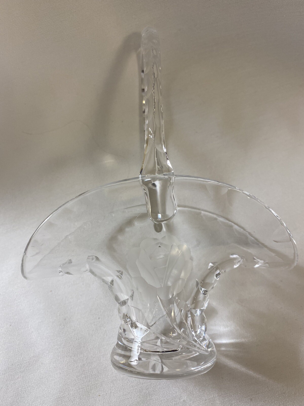 Vintage Wheel Cut Crystal Small Bride’s Basket Roses & Pinched Edges 5”x7”x3”