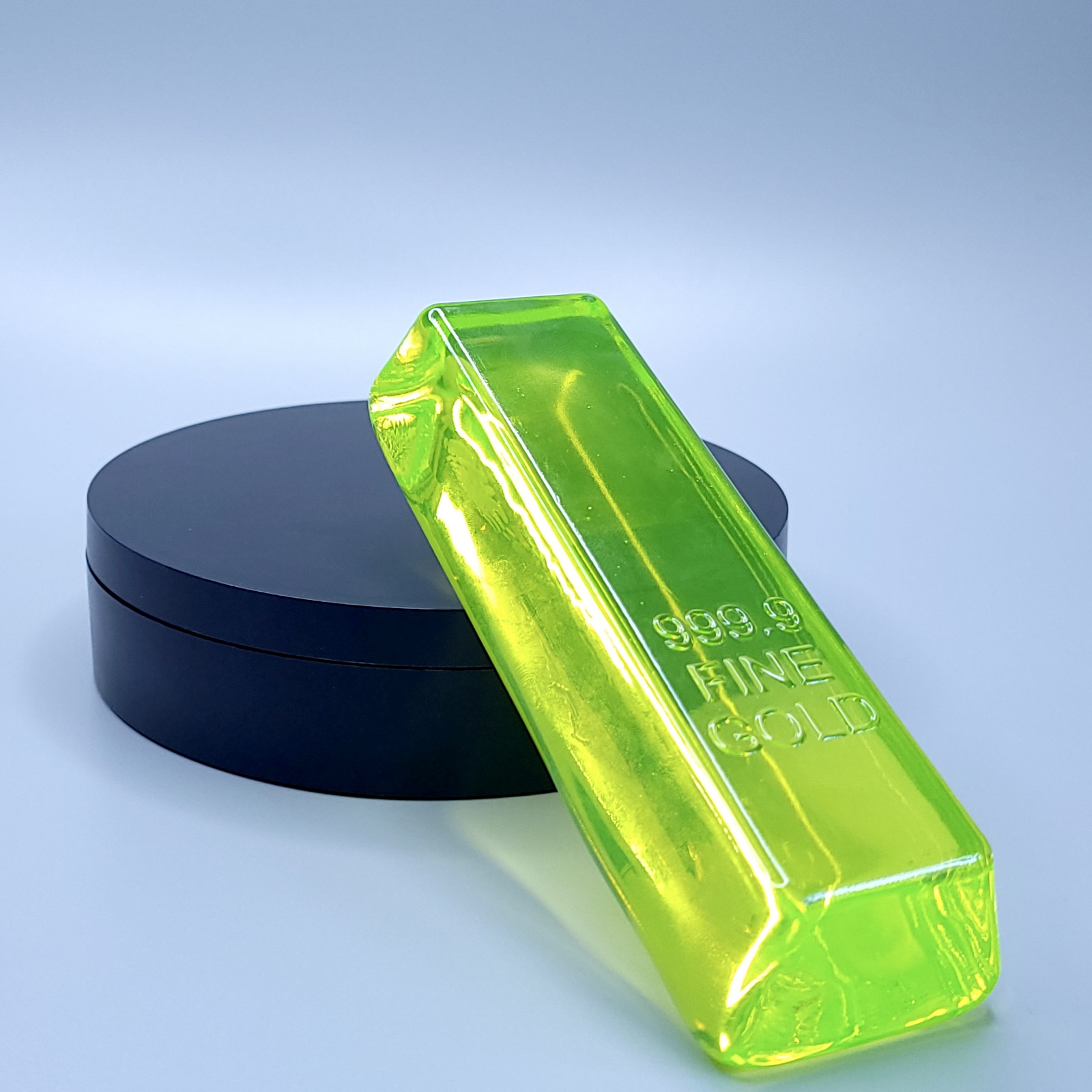 Vaseline Uranium Glass Ingot “Gold 999.9” Art Glass Uranium Glass Figurine