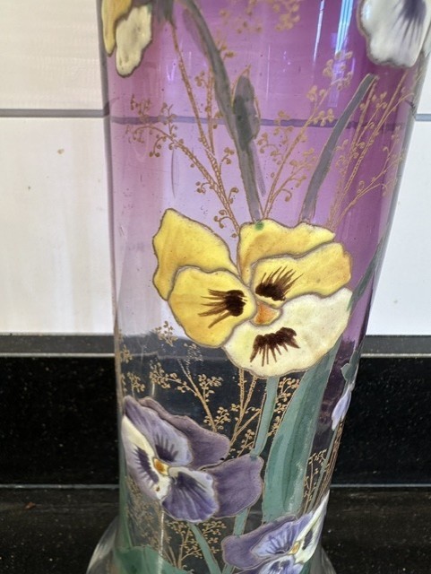 ANTIQUE GORGEOUS MONT JOYE LEGRAS FRENCH ART GLASS VASE WITH ENAMELED PANSIES