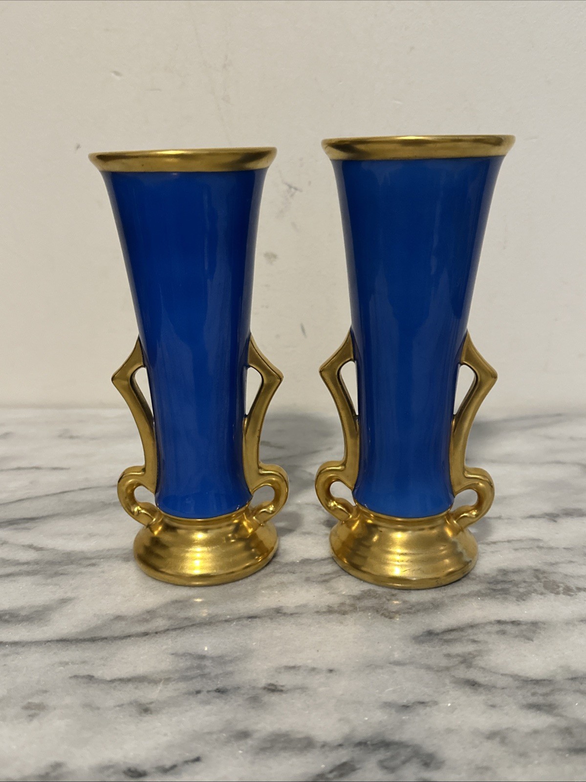 Art Nouveau Classical Revival European Set Of Two Porcelain Vases Blue With Gold
