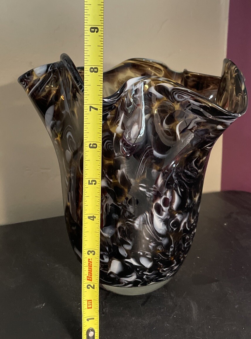 Ruffled Handkerchief Edge Murrhina Vase Brown & White Art Glass 8”