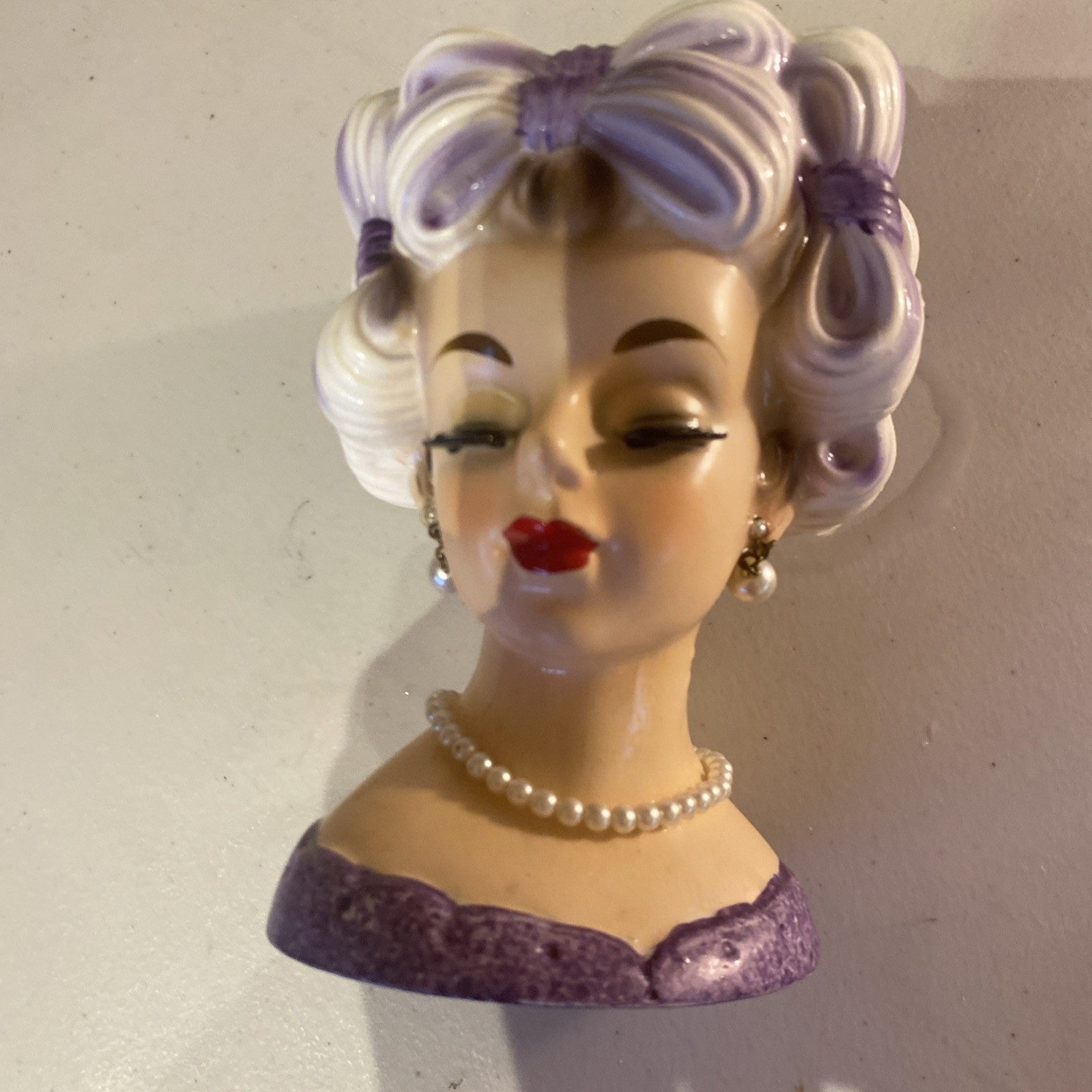 Relpo 5 3/4 Inch Lady With Purple Bows Lady Head Vase-k1660