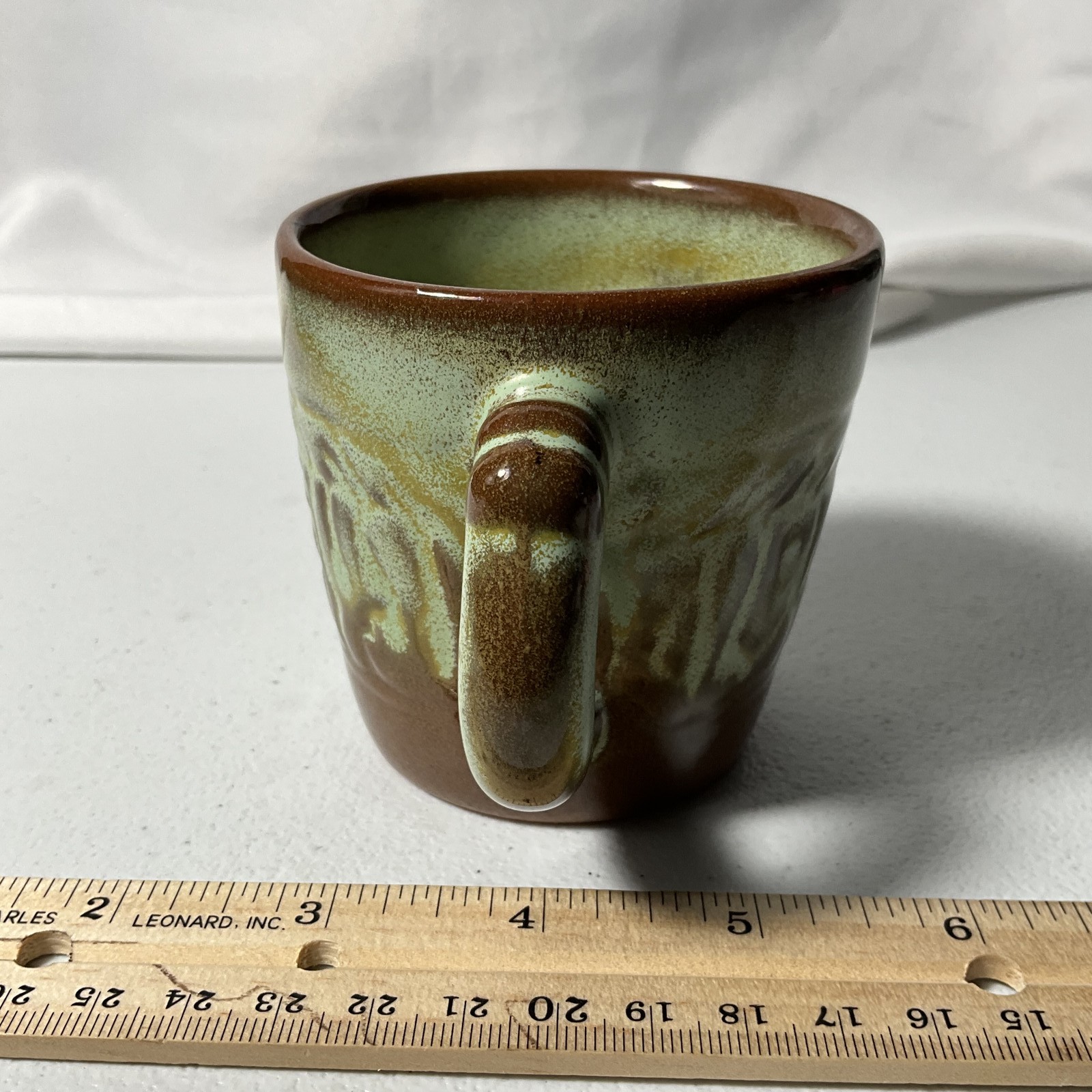 Handmade Studio Pottery Mug Green Brown Drip Glaze Textured Ceramic Coffee Cup