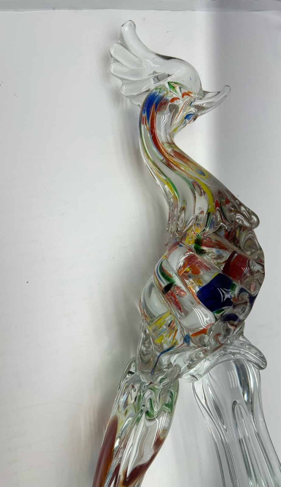 Mid Century Murano Style Art Glass Pheasant/Bird Figurine 15” Multi Colored