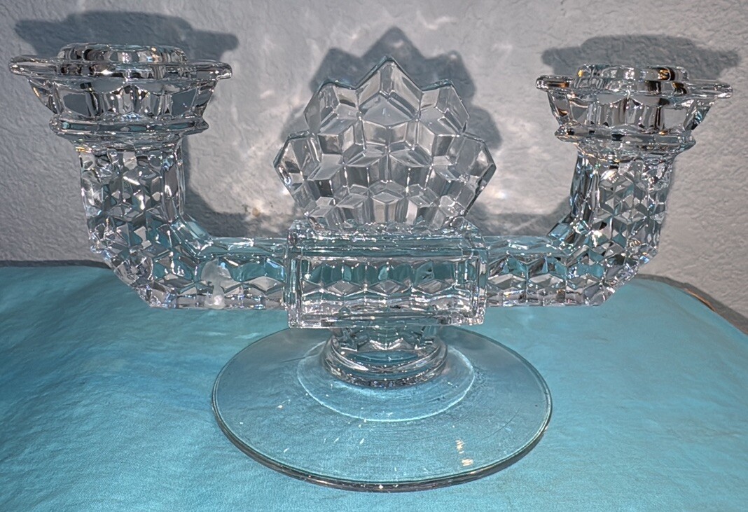 Vintage Fostoria American Cubist Clear Glass Double Candle Holder 8.5” x 4.5” T