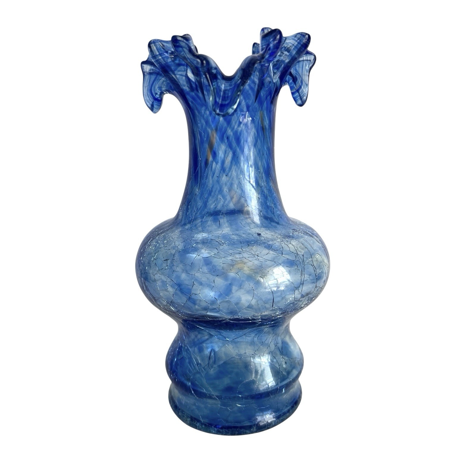 Vase Blue Blown Glass 8.5” Ruffled Crimped Top Melon Shaped Crackle Finish Swirl