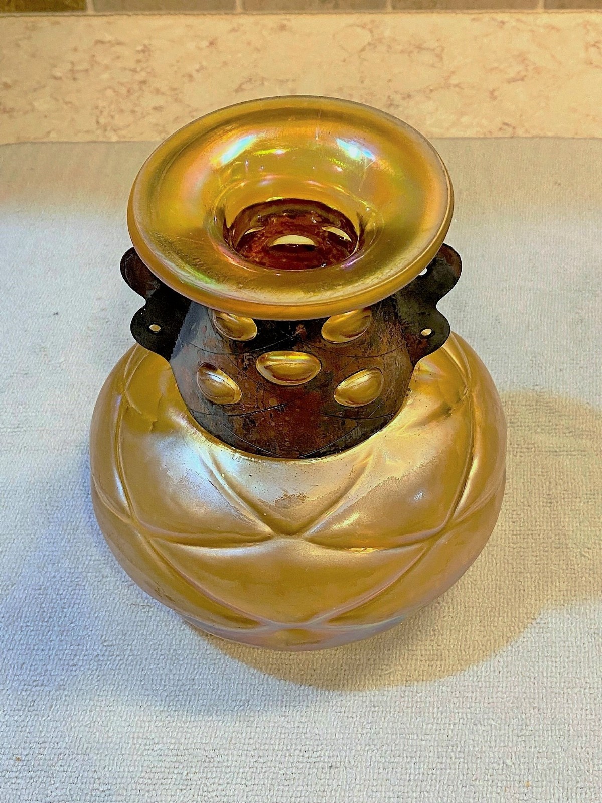 Silvestri Mouth Blown Iridescent Glass Vase Copper Cuff Brutalist Italian 7″